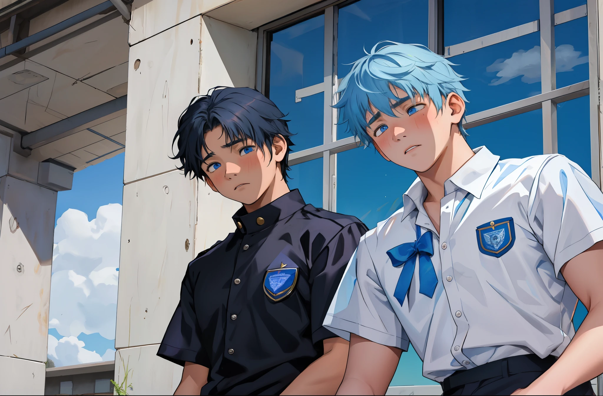 There are two 14-year-old boys with a lot of sadness on their faces, one of them is looking at the other who is telling him a story.