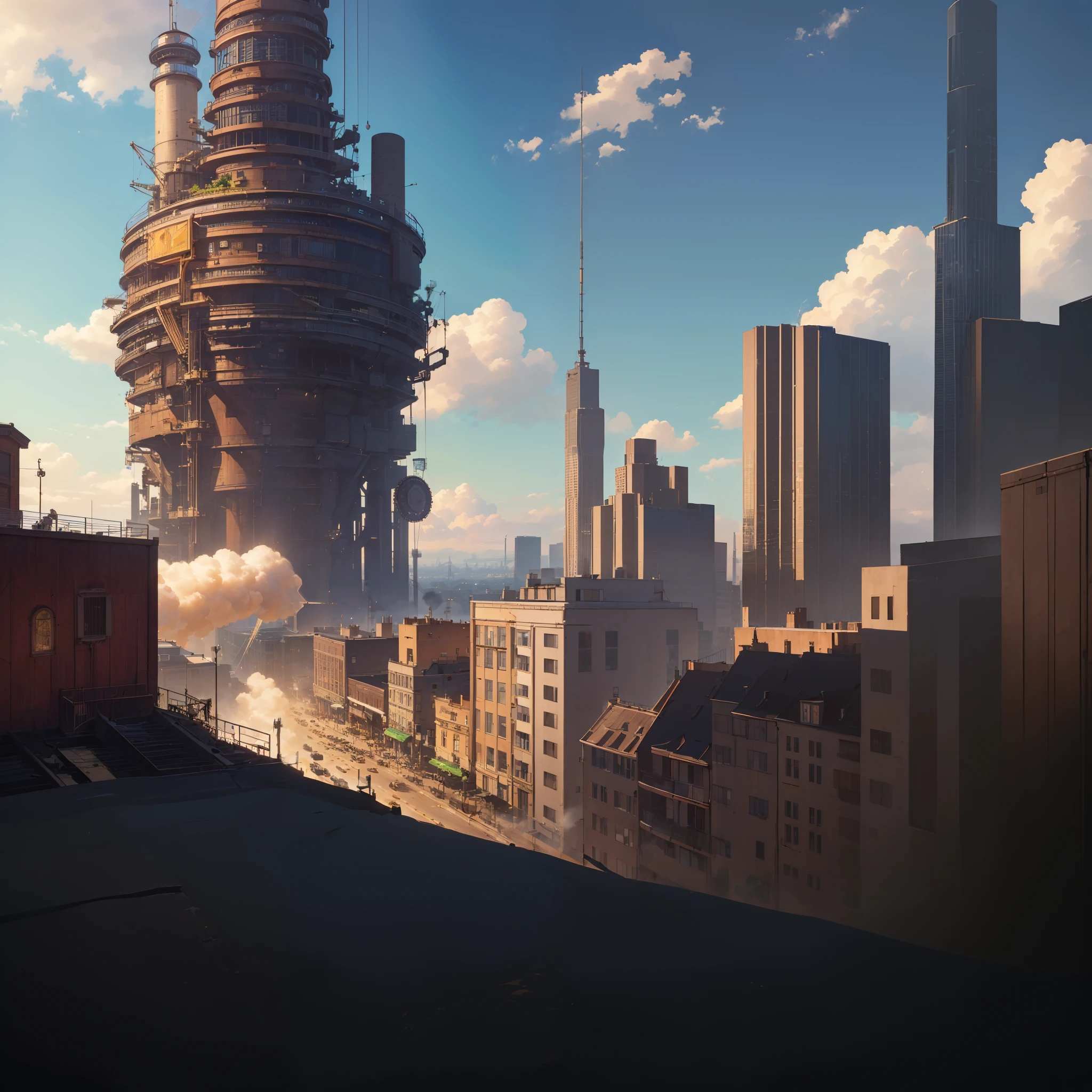 centerpiece, best quality, photorealistic, meilleur fard à paupières, Delicate, ..BRUT, ultra high resolution, Hyperrealistic art, Gallery quality work, Art officiel, forced wallpaper, 64 mille, Ultra precise, Visually stunning, Sublime first work, Maximum clarity, 1 enorme cidade steampunk, High-rise buildings covered with giant-type mechanical devices, show a very contrasting scene, Une couche de nuages s'raising randomly on the city, Huge steampunk buildings, The surface is covered with complex gears and mechanical devices, (vue, full view, tout le corps:1.2), (Nas paredes da cidade steampunk, 1 soldiers in solid mechanical armor., Handheld Steam Gun, Guarantee the security of the city:1.2), steampunk, dirigeable, Steam robot, hair, Surrealism, 8k, super detail