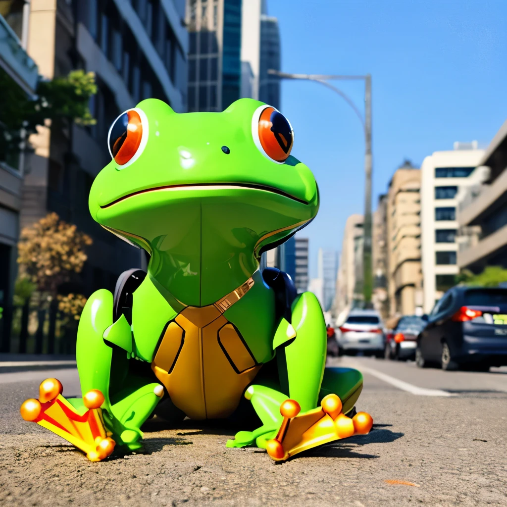 Frog-shaped mechanical robot posing with advanced weapons, driving advanced vehicles, smiling, high quality, city baground