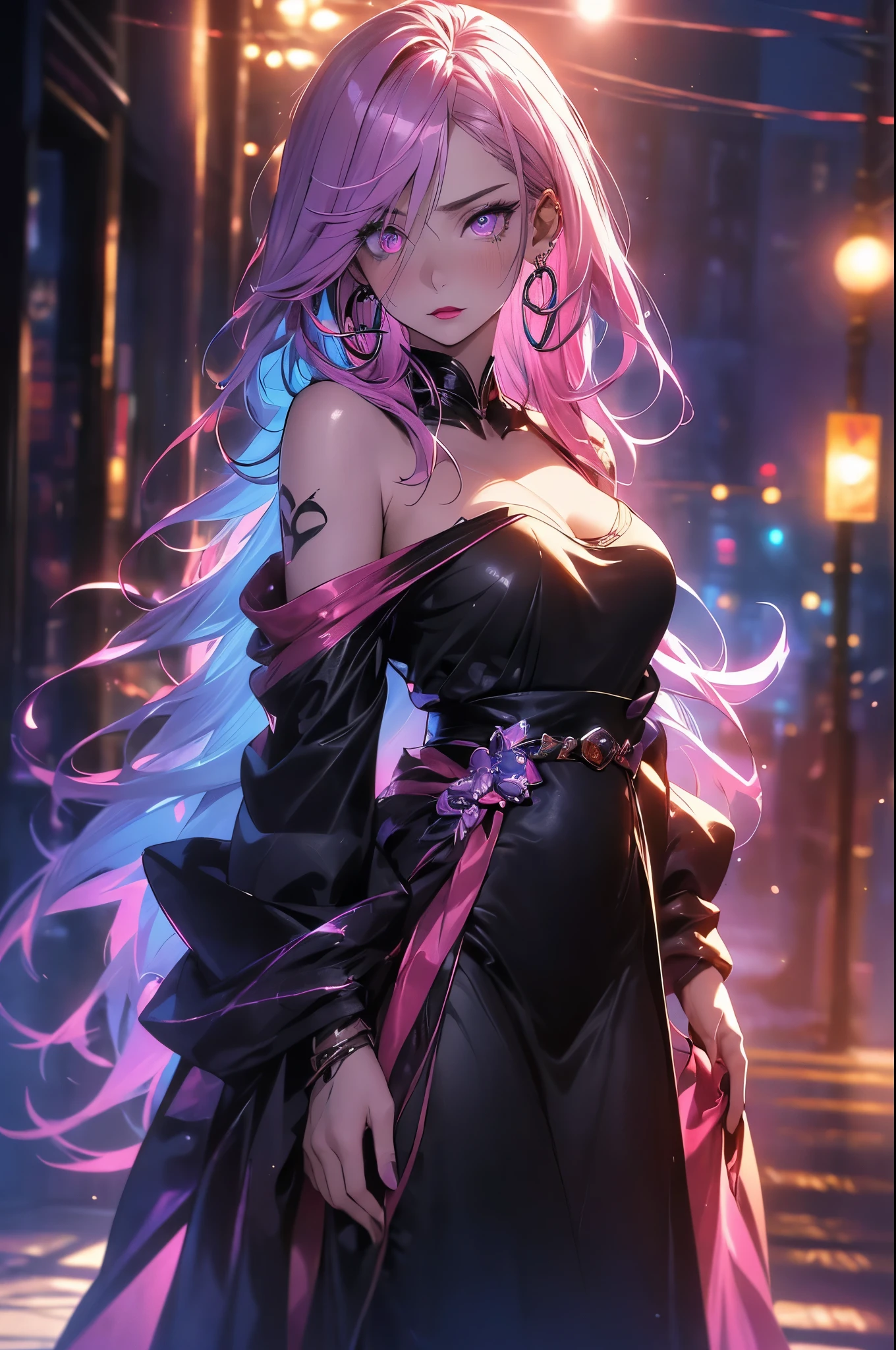 anime style, movieポートレート写真, 1 female, 22 years ago, Full body Esbian,Blue eyes background, big and full breasts, anger, (scarlet colored hair), long hair, purple eyes, wearing a black dress, (natural skin texture vivid details, surreal, (realistic detailed eyes, natural skin texture, realistic facial details), soft and dramatic lighting, Depth of written boundary, Bokeh, vivid details, surreal, 35mm movie, hazy blur, movie,lipstick, ear piercing, eye shadow, hoop earrings, Red-pink lips, multicolored red eyes, purple theme,,Wear an iridescent aura
