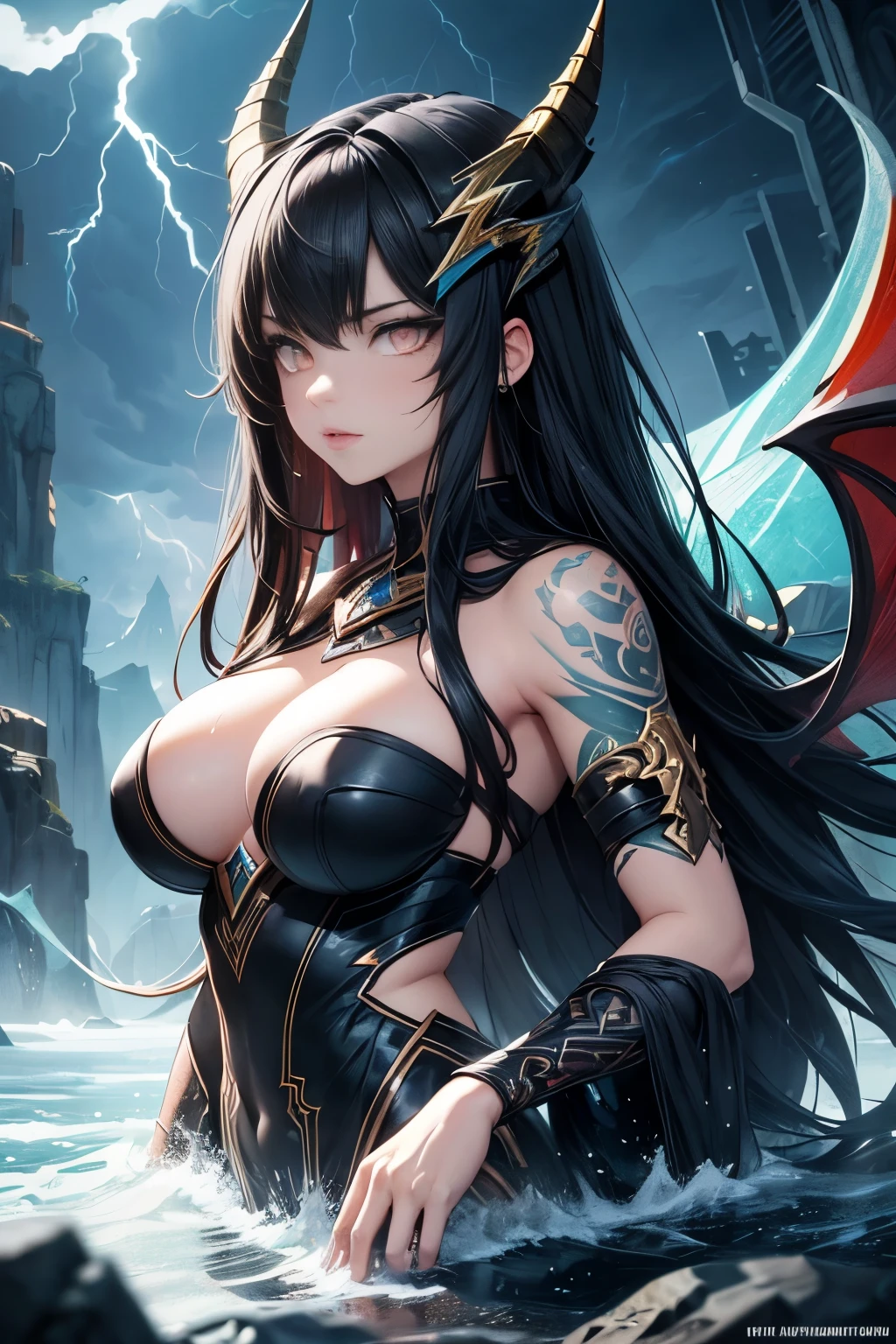 (best quality, masterpiece:1.2), (4k, 8k, highres), ultra-detailed, (anime style:1.2),
BREAK,
Lotan stunningly beautiful Caucasian woman with straight very long black hair, (blue eyes), dragon horns on the head, dragon wings, voluptuous,
BREAK,
green and black theme,
BREAK,
attractive appearance, detailed lips and eyes, detailed perfect face, detailed perfect fingers, detailed perfect hands, expressive face,
BREAK,
beautiful dragon girl with (thunder eyes:1.5), thunder on body, colourful tribal tattoos patterns, half body underwater, wet body and hairs, blue water, beautiful nature, summoning lightning from sky, Artgerm 3D style, slow motion photography, cinematic lighting, looking at viewers, ultra wide view,
BREAK,
((1girl)), (black horns), parted bangs, long bangs, forehead, (very long hair), (black hair:1.5)