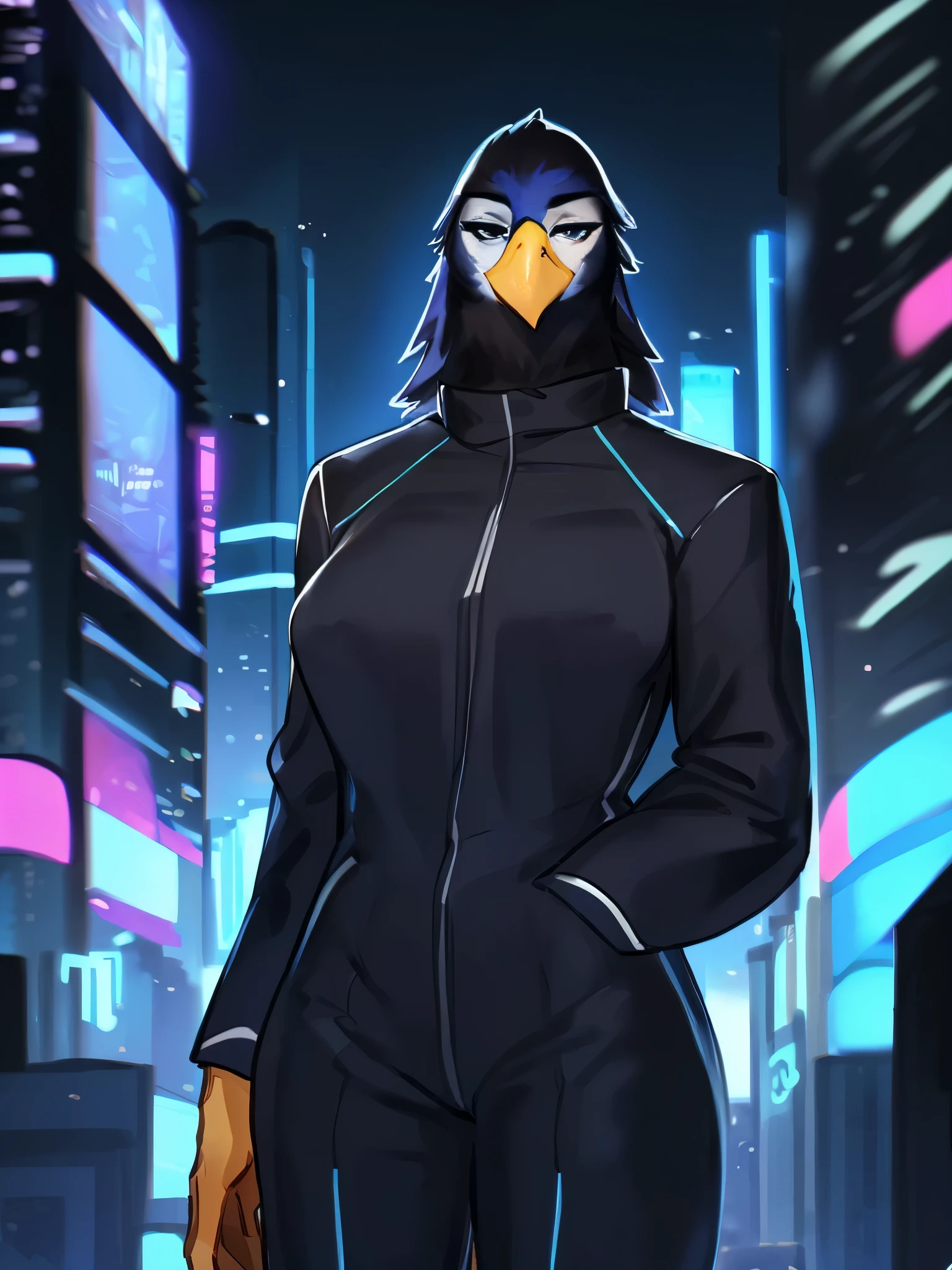 By bebebebebe, by lostgoose, by goonie-san, solo, female, standing, muscular, tall, ((hair, designer clothes, armani suit, bird, avian, eagle)), looking at viewer, cyberpunk city