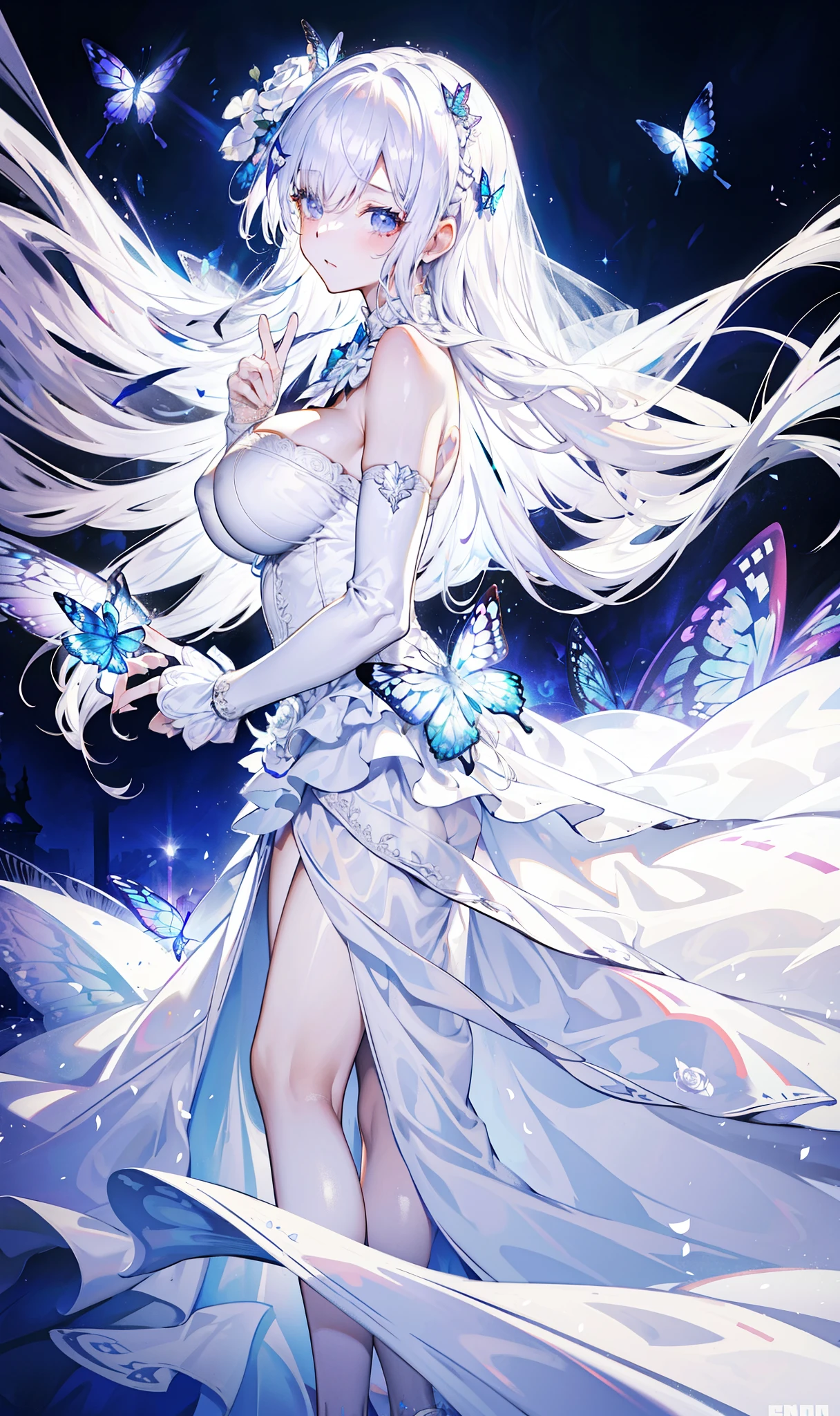 silver hair,Butterfly,long white hair,white wedding dress,8k wallpaper,Detailed background,Highest resolution,Deep V big breasts,hair covering one eye,bandeau wedding dress,Chis,White Rose,tight,full-body shot