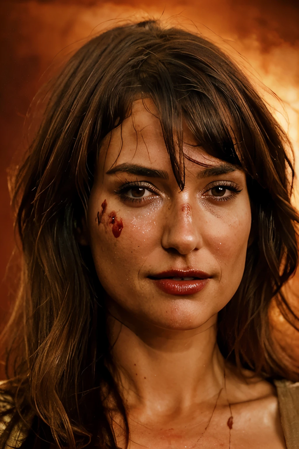 terrific woman, mid-thirties, expressive features, blood pouring from a gash on her face, intense gaze, wavy chestnut hair, crimson lips parted in shock, realistic rendition, detailed depiction of the wound, edges of the medical uniform visible, high definition, gritty texture, dramatic lighting, emotional intensity.