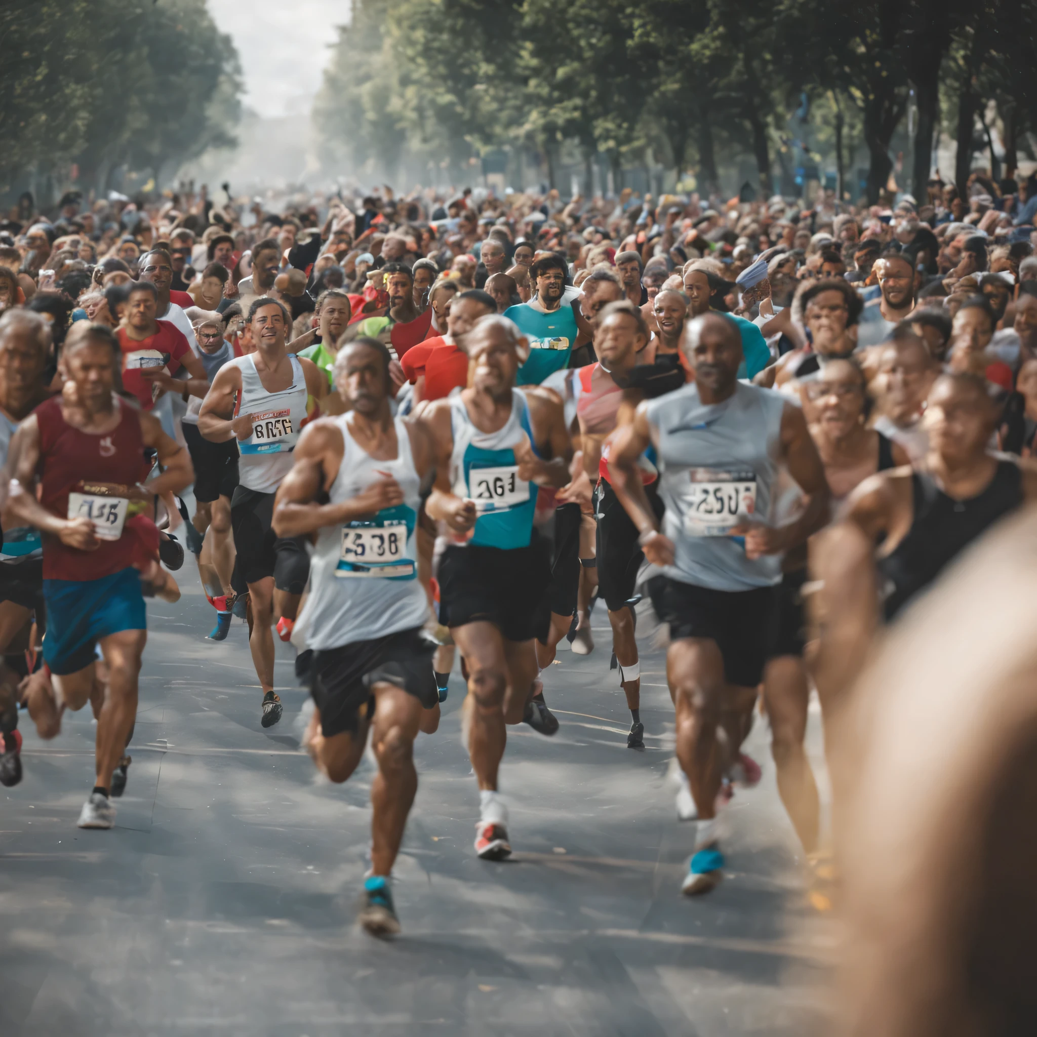 A marathon. Side view of a man running amongst people. It should be realistic