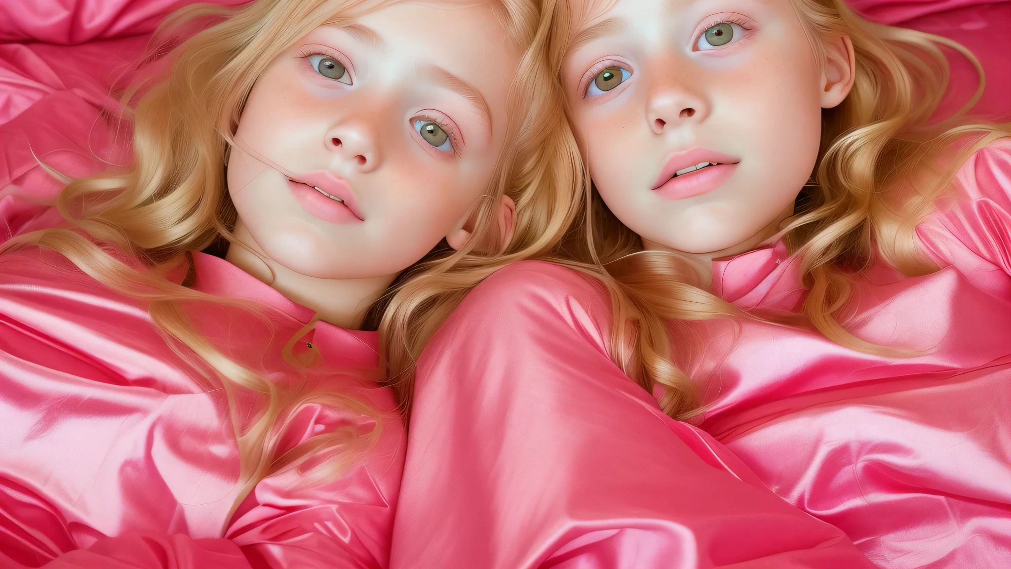 two young girls laying in a bed covered in pink sheets, beautiful gemini twins portrait, beautiful sci - fi twins, two girls, beautiful gemini twins, petra collins and mc. escher, twins, beautiful girls, next gen, children, very very surreal, girls resting, siamese twins, young girls, with a twin, in style of petra collins