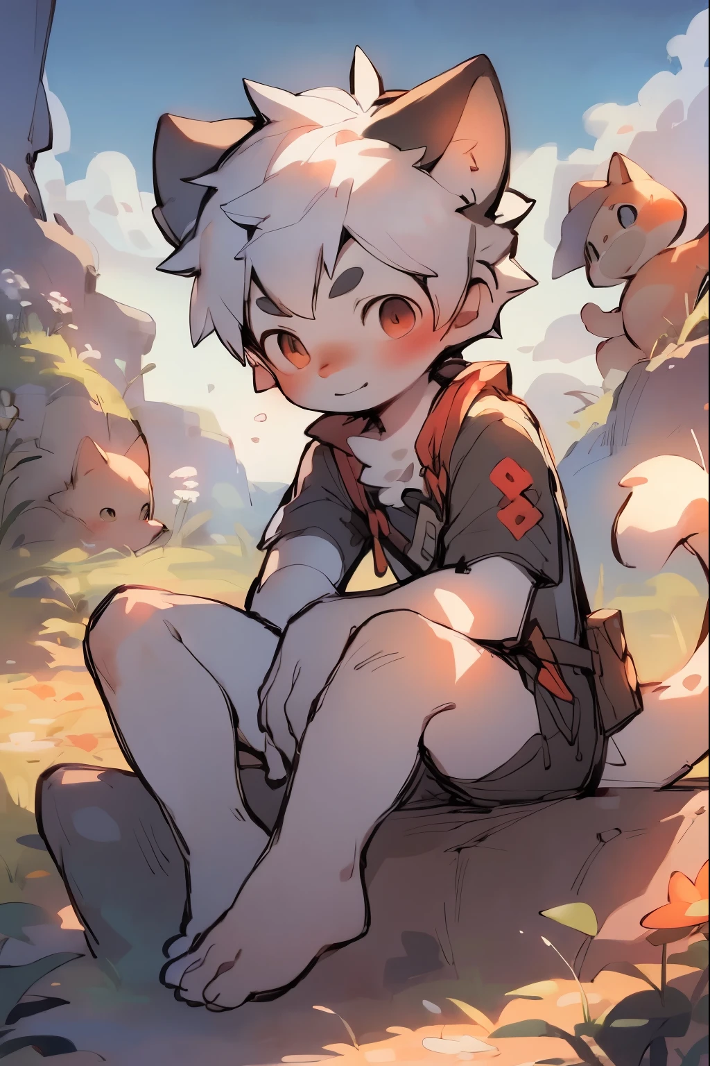 A in a beautiful and enchanting landscape,Lying in a wheat field, Popular topics on artstation pixiv, Gurwitz-style artwork, very handsome, Gurwitz, guweiz on artstation pixiv, young male human cat,red scales,white hair,Full body image,Aerial View,Recumbent position,male,juvenile,((horny boy)),,((author:Puinki,artist:1.2),(author:Unreal Land,author:Kuroi Junmi,author:milkytiger1145,author:Morkey,(author:Xia Huaiting:0.8),(by Pino Deheni:0.8),Slender limbs,slender legs,thin legs