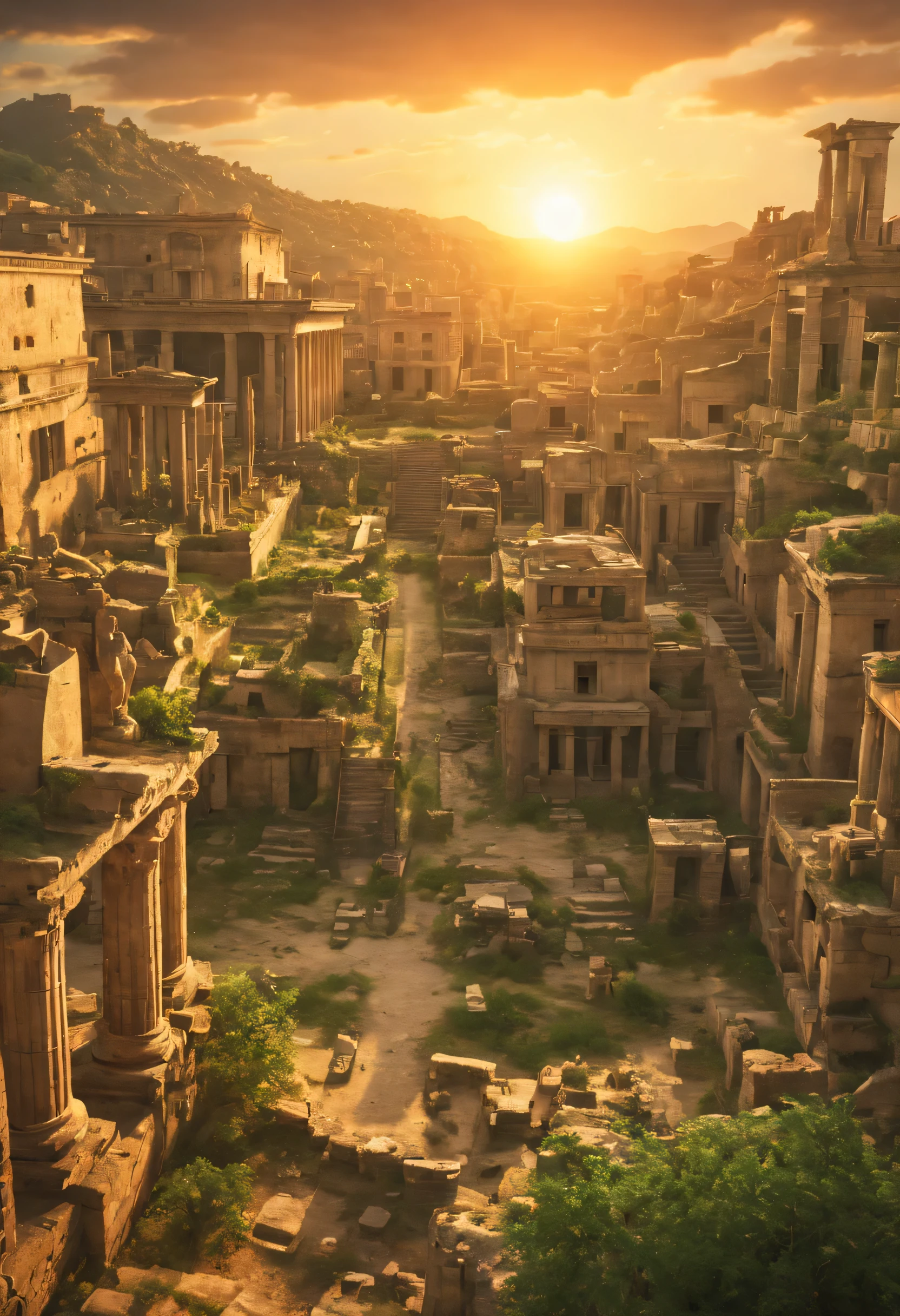 a realistic and beautiful cinematic photo of a post-apocalyptic ((ancient city at sunset)), balanced HDR,The city combines elements of Maya and Greek civilizations and is completely consumed and overtaken by nature, The photo should prominently feature a statue of Aphrodite, the Greek goddess of love and beauty, The atmosphere should evoke a sense of hope and renewal, with god-like rays of sunrise piercing through the overgrown cityscape., award winning, best quality, highres, masterpiece, 16k