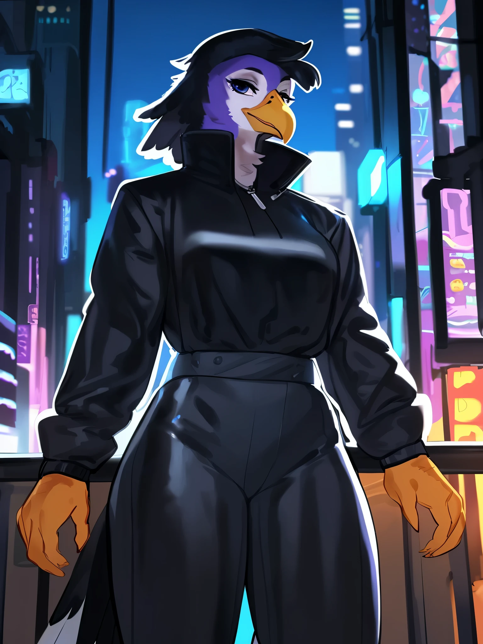 By bebebebebe, by lostgoose, by goonie-san, solo, female, standing, muscular, tall, ((hair, designer clothes, Balenciaga, bird, avian, eagle)), looking at viewer, cyberpunk city