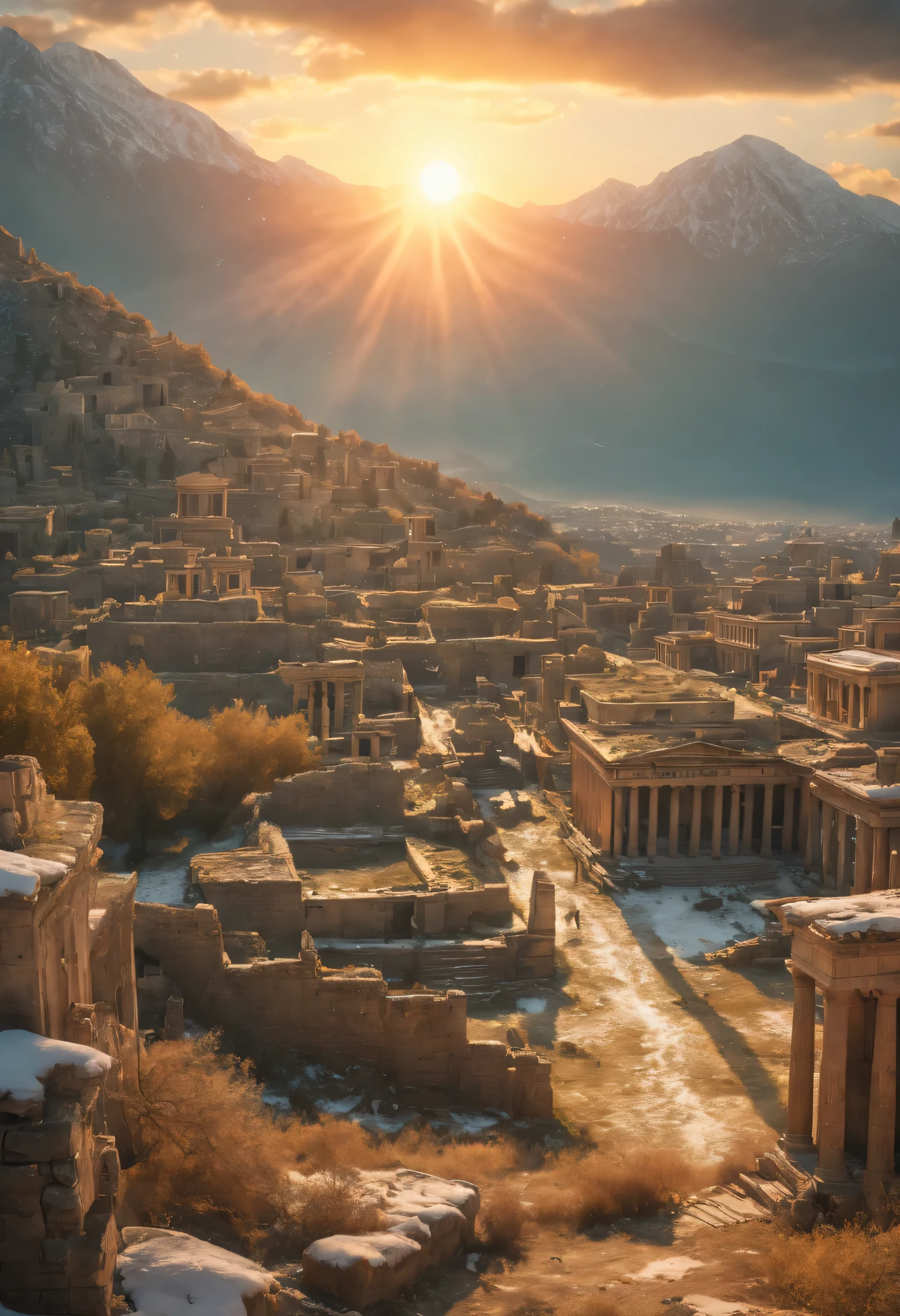 a realistic and beautiful cinematic photo of a post-apocalyptic ((ancient city at sunset)), balanced HDR,The city combines elements of Maya and Greek civilizations and is completely consumed and overtaken by nature, The photo should prominently feature a statue of Aphrodite, the Greek goddess of love and beauty, The atmosphere should evoke a sense of hope and renewal, with god-like rays of sunrise piercing through the overgrown cityscape., award winning, best quality, highres, masterpiece, 16k