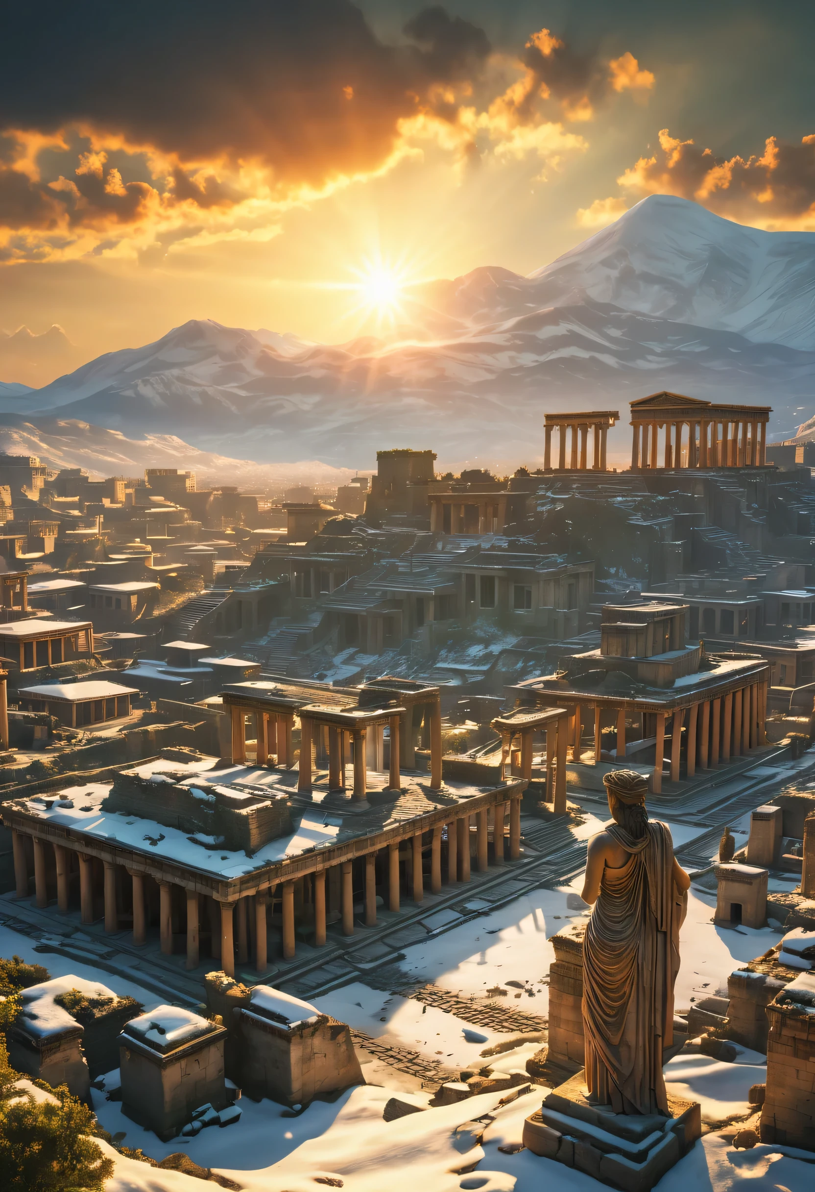 a realistic and beautiful cinematic photo of a post-apocalyptic ((ancient city at sunset)), balanced HDR,The city combines elements of Maya and Greek civilizations and is completely consumed and overtaken by nature, The photo should prominently feature a statue of Aphrodite, the Greek goddess of love and beauty, The atmosphere should evoke a sense of hope and renewal, with god-like rays of sunrise piercing through the overgrown cityscape., award winning, best quality, highres, masterpiece, 16k