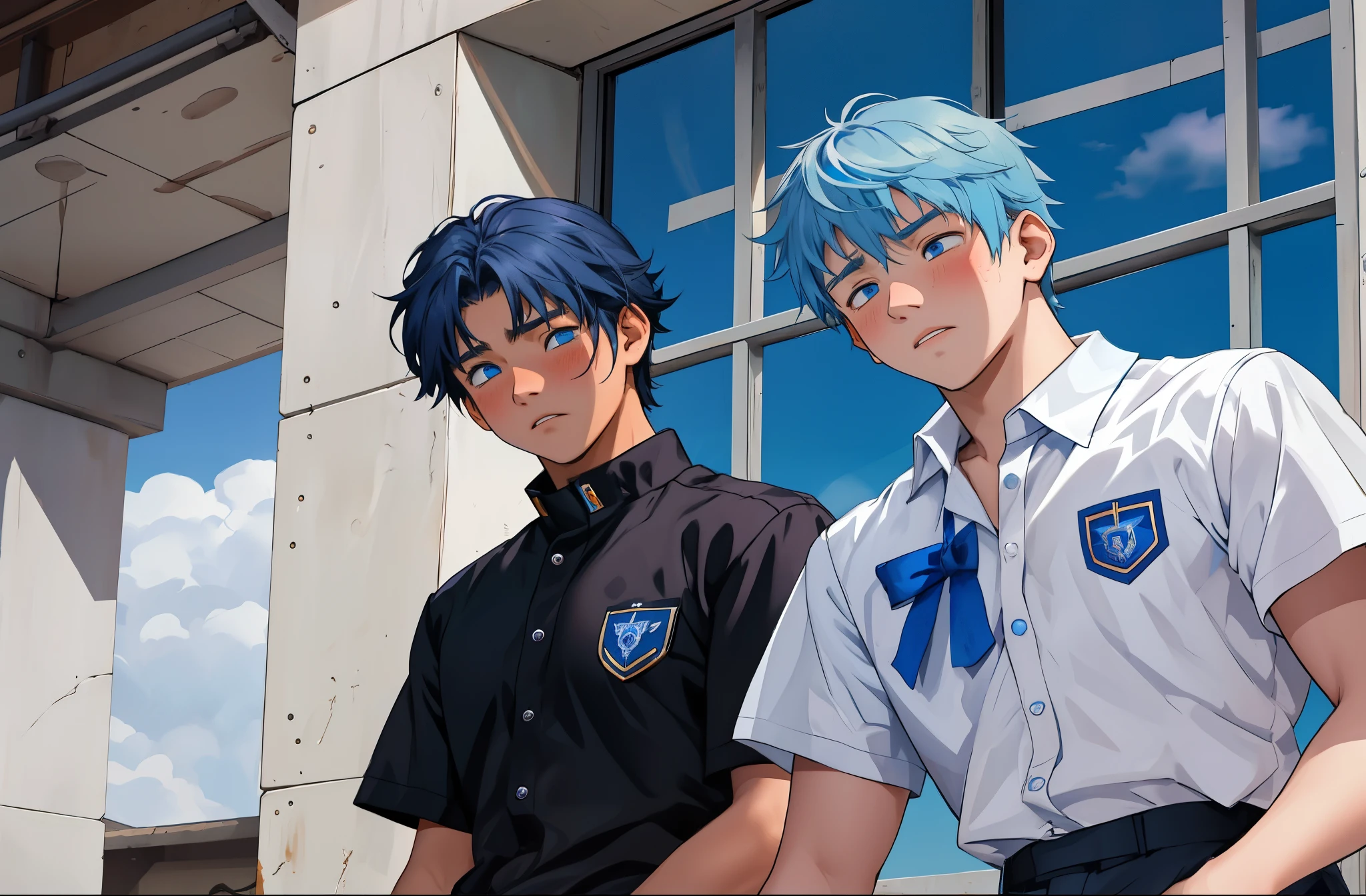 There are two 14-year-old boys with a lot of sadness on their faces, one of them is looking at the other who is telling him a story.