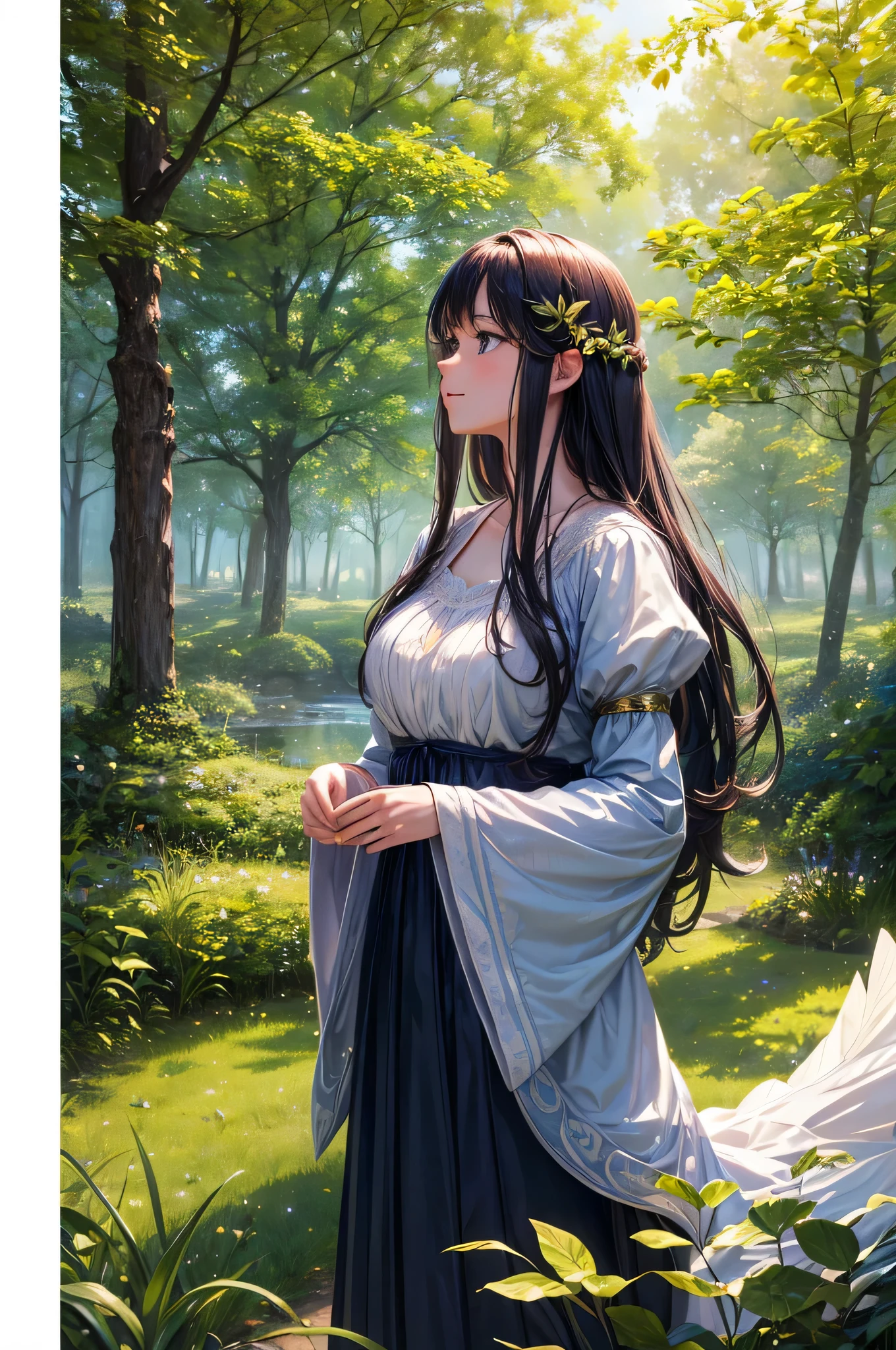 (melhor qualidade,4k,8k,high resolution,obra de arte:1.2),ultra-detalhado,(realista,photorealista,photo-realista:1.37), anime,Floresta encantada,mythical creatures,atmosfera colorida,sunlight filtering through the leaves,raios suaves de luz,Mist Tip,dream-like setting,magical aura,borboletas flutuantes,vagalumes cintilantes,whispering trees,flores brilhantes,fadas brincalhonas,estrelas cintilantes,tall grass swaying,Peaceful Serenity,ethereal vibe,Mystical Charm,Fairytale setting,ambiente encantado,expression full of curiosity,grandes olhos redondos,long flowing hair,roupa fofa de anime,mundo da fantasia,exploring with wonder and awe,A aventura aguarda,Descobrindo tesouros escondidos,feliz e despreocupado,friendly interaction with creatures,magical bonds formed,imerso na beleza da natureza,fantastic encounters and surprises,unforgettable memories captured in every frame