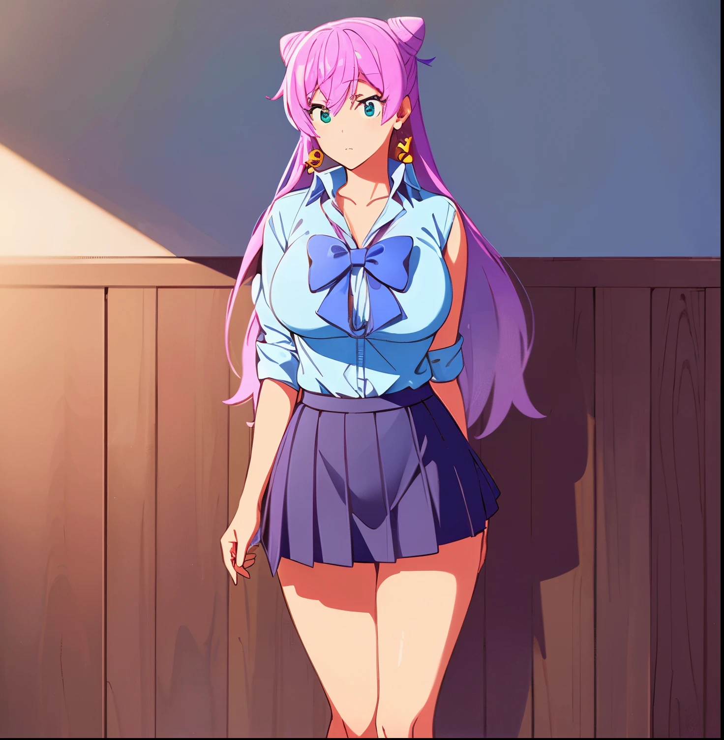 1 girl, alone, akari watanabe, long hair, blue eyes, pink hair, bun, double bun, conical hair bun, BREAK skirt, shirt, bow, jewelry, pleated skirt, earrings, blue skirt, blue shirt, REST facing the viewer, full length, large breasts, wide hips, wide thighs, REST inside, in the classroom, BREAK, (masterpiece: 1.2), best quality, high resolution, Unity 8k wallpaper, (artwork: 0.8), (beautiful detailed eyes: 1.6), extremely detailed face, perfect lighting, extremely detailed CG (perfect hands, anatomy perfect),