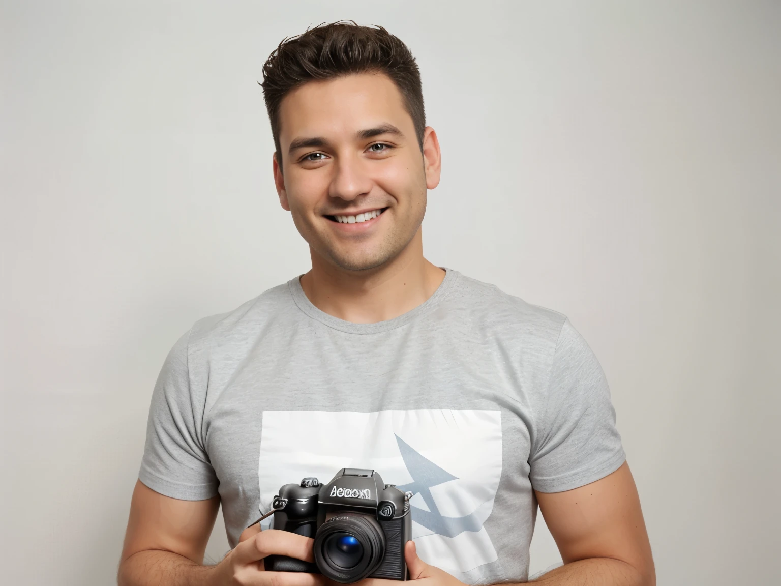 Photorealistic picture a 40 year old with stubble, short spikey hair, smiling, wearing a grey t-shir,holding a funko pop box, holding a dslr camera in one hand plain white background