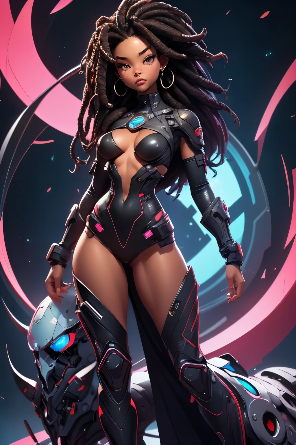 (((NO CLOTHES, showing her chest))), A beautiful black woman with a perfect body, long dreadlook hair, full body photo, sci-fi, in the background you see the universe and planets, Rad render, conceptual art, dark fantasy, hyperrealistic, pastel colors, surreal cyberpunk art style, 4K, ((no clothes))