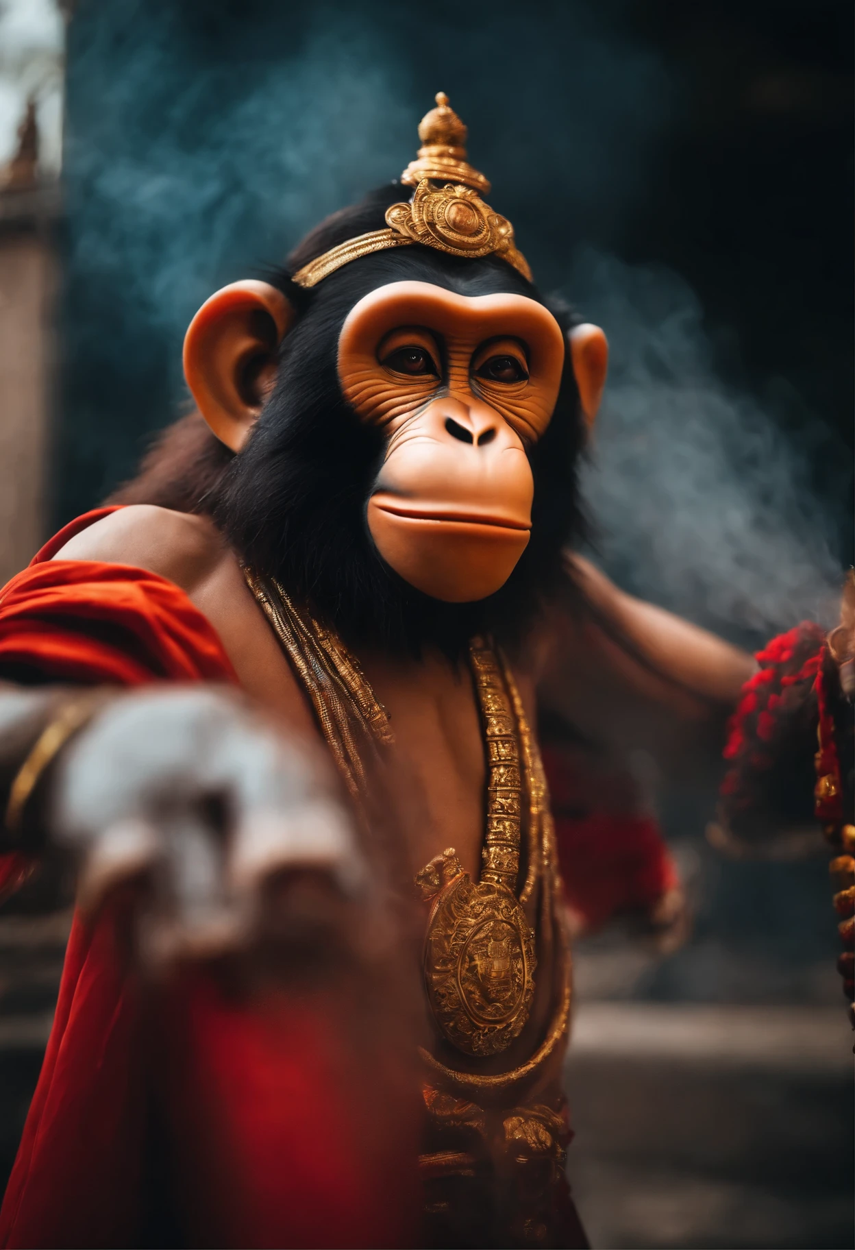 arafid monkey in costume，Colorful smoke in the background, Indian god, India教神, hanuman!! Main building, humanoid monkey fantasy race, Unsplash Contest Winning Photos, Pexels Contest Winners, Portrait shoot, India教审美, Intense expressions 4k, India, color photograph portrait 4k, closeup Portrait shoot, author：Dietmar Dammelau, Monkey King