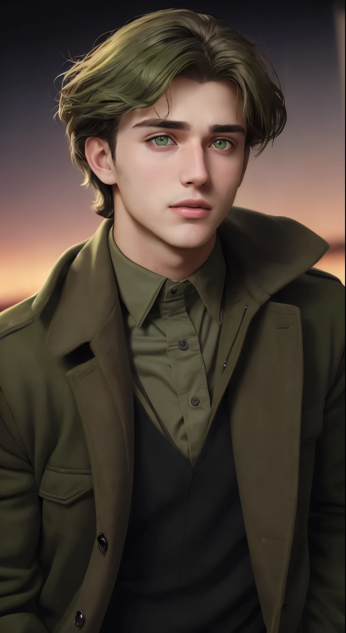 A handsome 23-year-old man with a real face, olive green eyes, well-groomed hair
