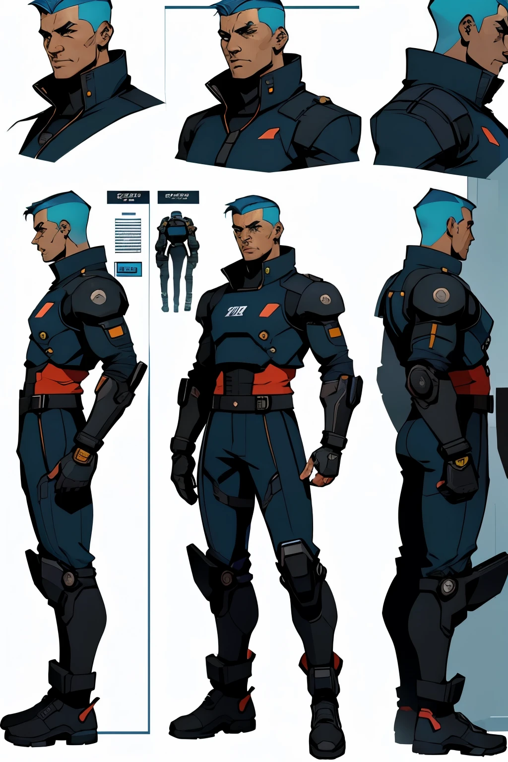 Cyberpunk male character sheet for a space video game with menu on the left side, show character art, no upper piece of clothing, sheet containing information menu, information windows , On a star field background