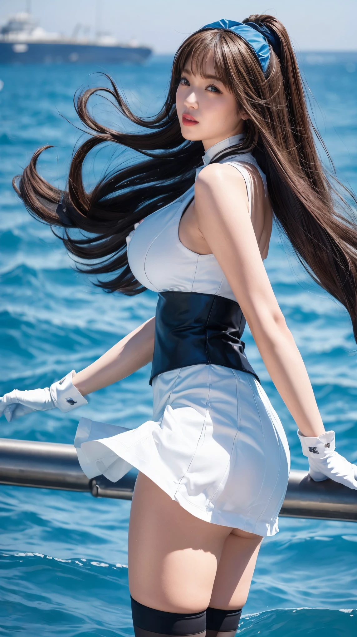 ((best quality)), ((masterpiece)), ((1girl)), solo, Ferry, ((long hair)), FerryBase, ((thighhighs)), bare shoulders, ((jewelry)), ((sleeveless)), white dress, blue skirt, ((gloves)), thigh-high, from behind. Big breasts and slender body 