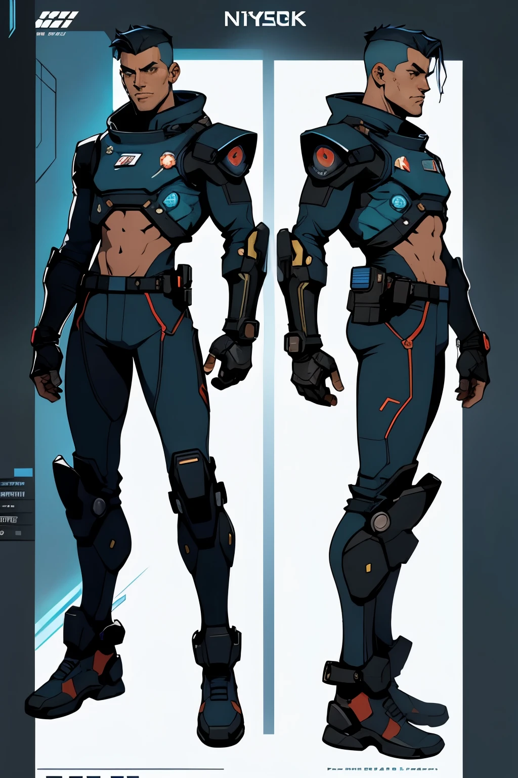 Cyberpunk male character sheet for a space video game with menu on the left side, show character art, no upper piece of clothing, sheet containing information menu, information windows , On a star field background