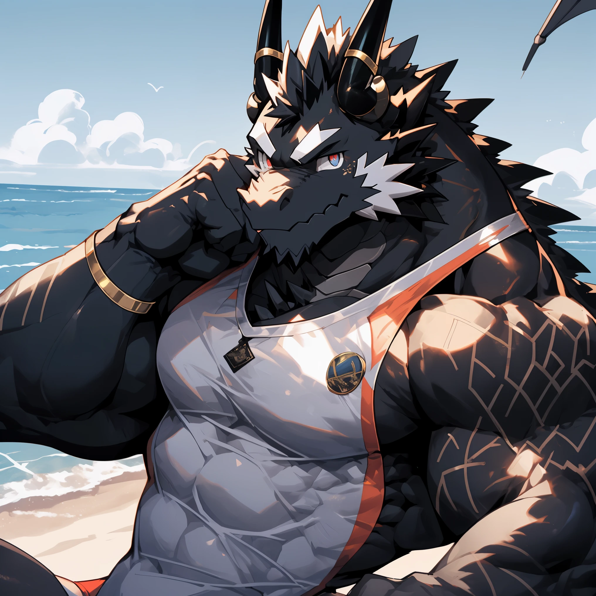 disney,anime character with black dragon , black dragon_beast, Firmware version, high resolution committee, ((black dragon)), gigachad muscular, muscular!!, Tik, muscular!, anthropomorphic dragon, black,black!,black!!muscular character, dragon, Super detailed!!, muscular!!!, beefy, Black all over, 全身Very rich in details,(32k),(Black all over:1.2),(The two eyes are different in color,Different pupils:1.8),HD,(swimsuit:1.8),solo,(Expression of contempt:1.3),hope,(One eye is blue,The other eye is gold:1.8),(A pair of eyes with different pupil colors:1.5),(serious:1.6),(Beach by the sea:1.3),(front:1.5),(Half-length close-up:1.5),((blackfur)),(Very rich in details:1.3),(Strike a mighty pose),(Bring sunglasses)