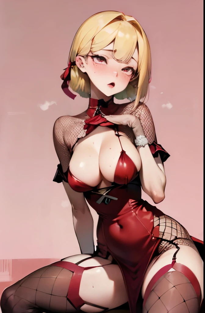  1 girl, 40 generation, (blush), ahegao, blonde bob hair, pink eyes, (tight blue fishnet dress), a lot of sweat, big breasts, open chest, (open crotch), sitting, With a butt like that, ((red stocking)), (background: basement), masterpiece, highest quality, realistic, 8k