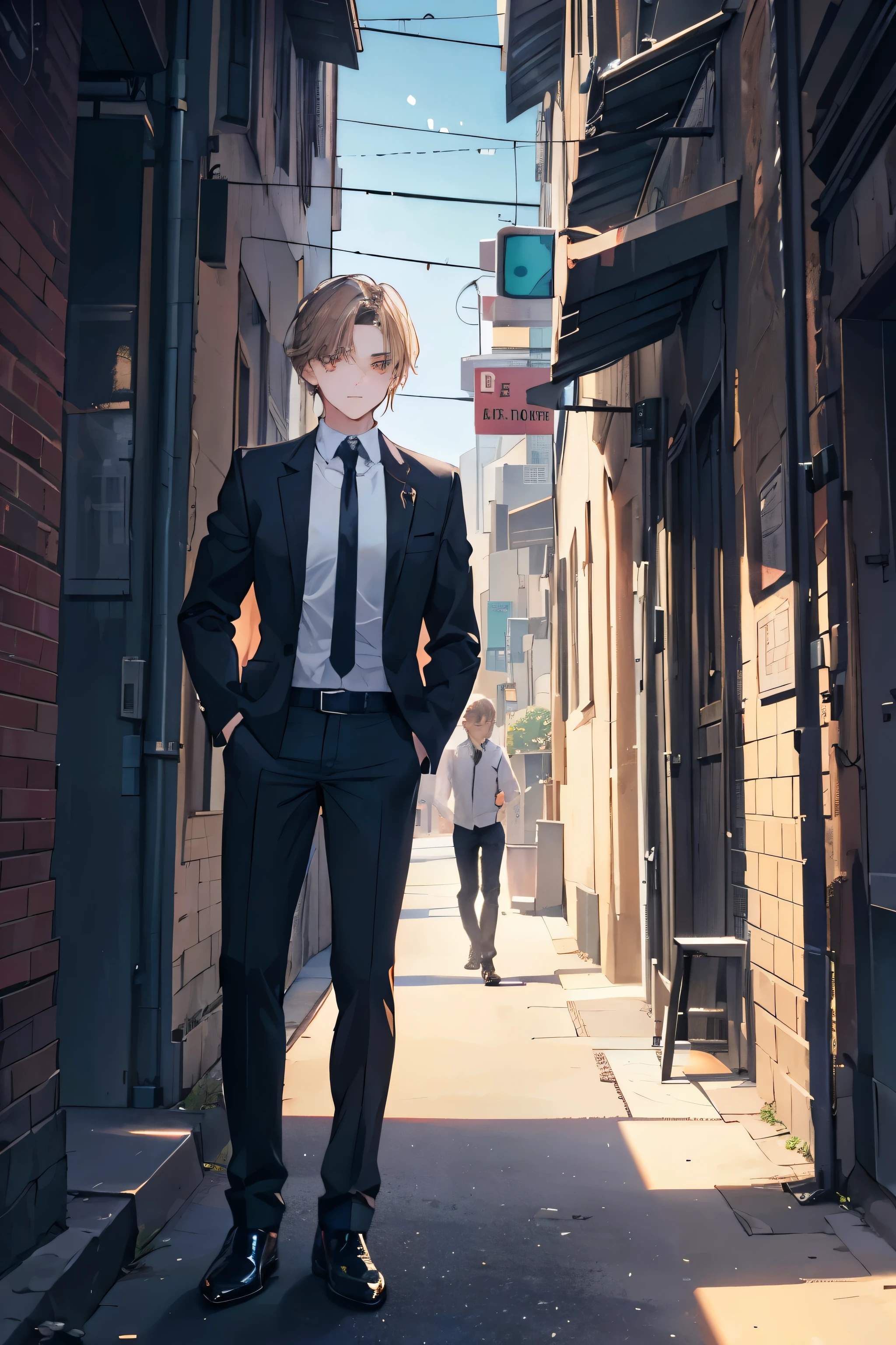 Novinha adolescente branca de 19 anos com meia loira, medium brown hair slicked back and brown eyes, Leaves'a serious expression on his face and he'is wearing a black shirt with tie., blue pants and black shoes, he is in a dark alley of a big city at night.