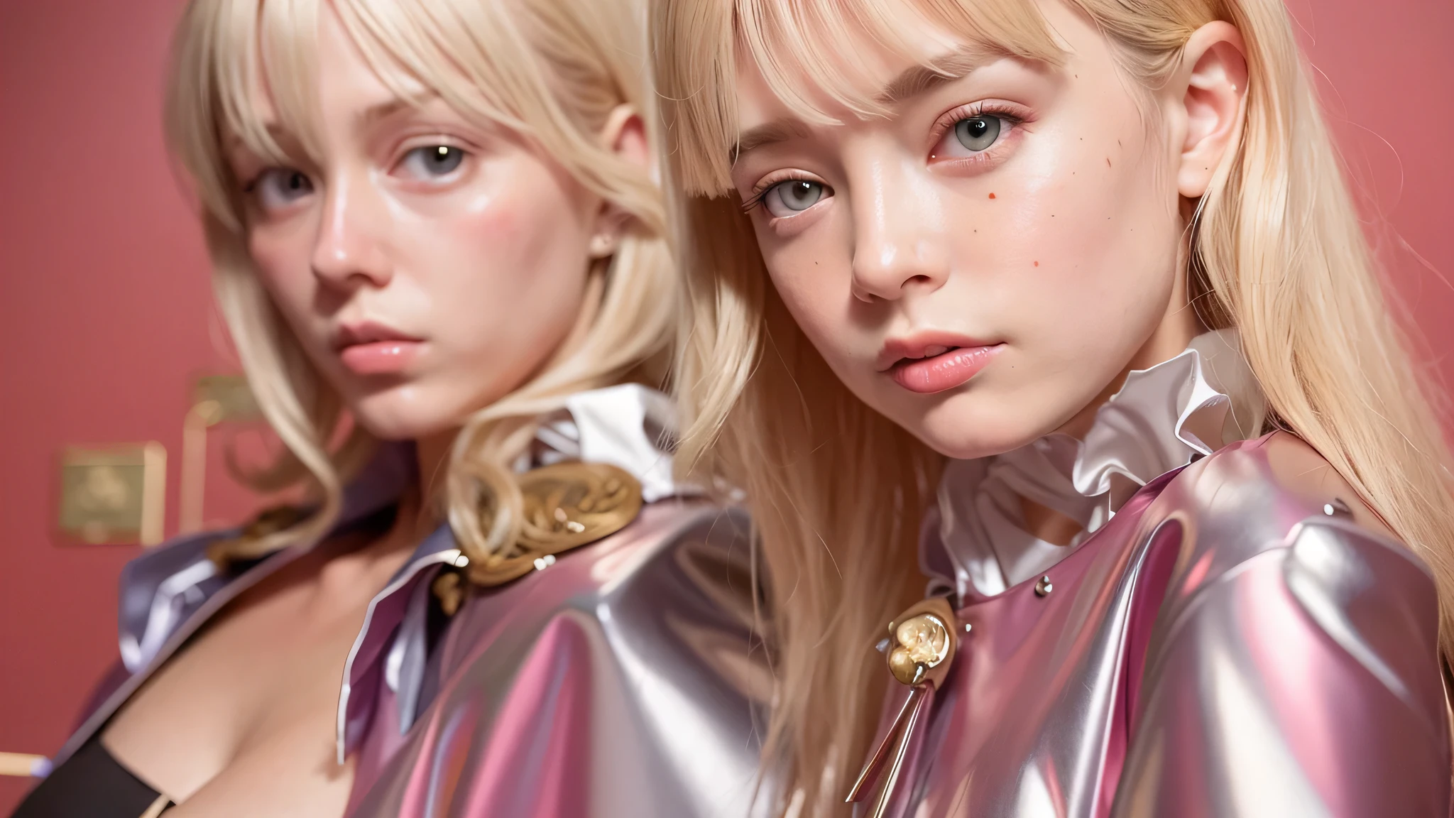 blond haired girls in shiny pink shirts posing for a picture, beautiful sci - fi twins, beautiful gemini twins portrait, earley, petra collins and mc. escher, sergey krasovskiy, photography alexey gurylev, in style of petra collins, maxim sukharev, petra collins, photography alexey kurylev, beautiful gemini twins