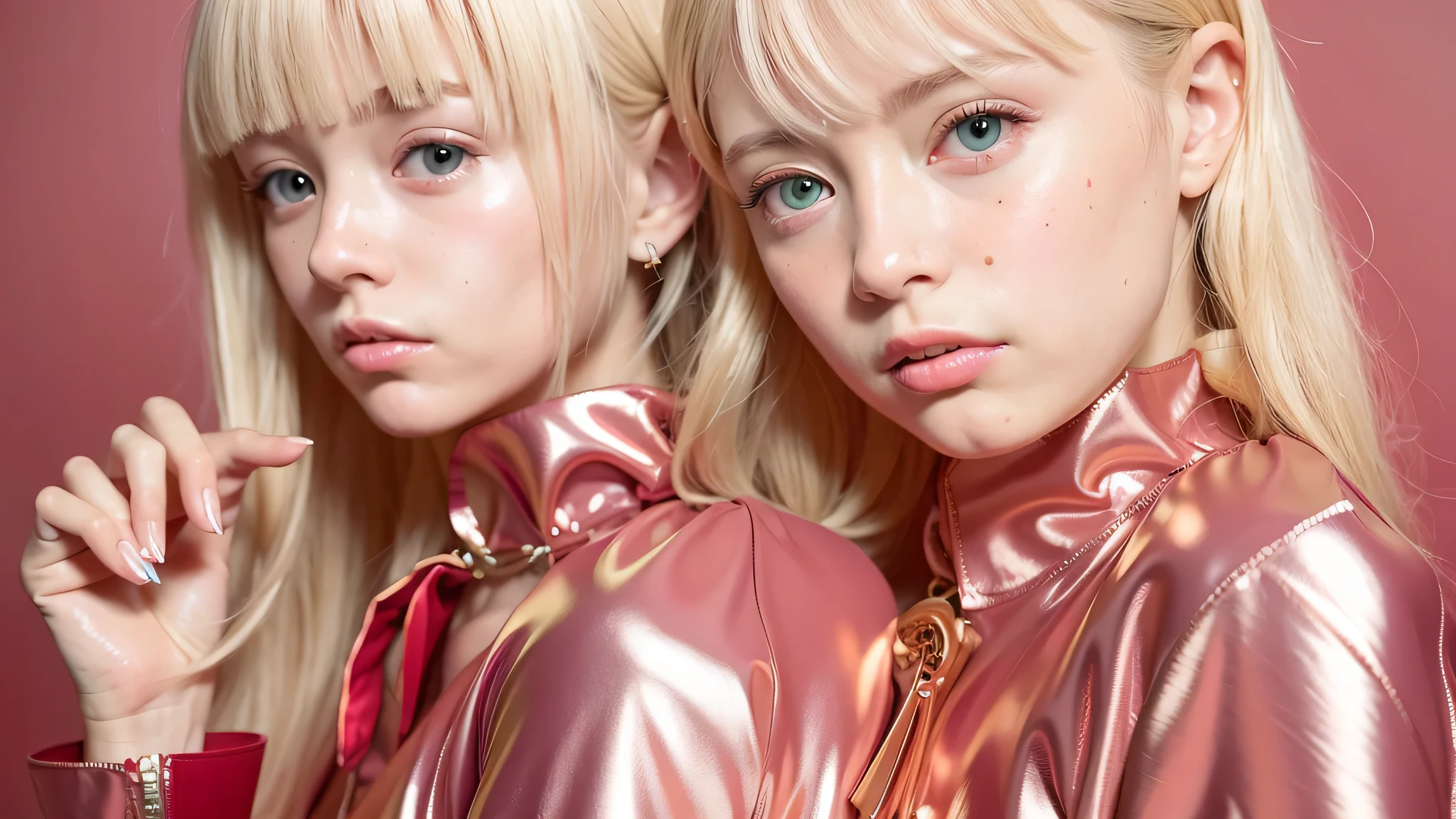 blond haired girls in shiny pink shirts posing for a picture, beautiful sci - fi twins, beautiful gemini twins portrait,  earley, petra collins and mc. escher, sergey krasovskiy, photography alexey gurylev, in style of petra collins, maxim sukharev, petra collins, photography alexey kurylev, beautiful gemini twins