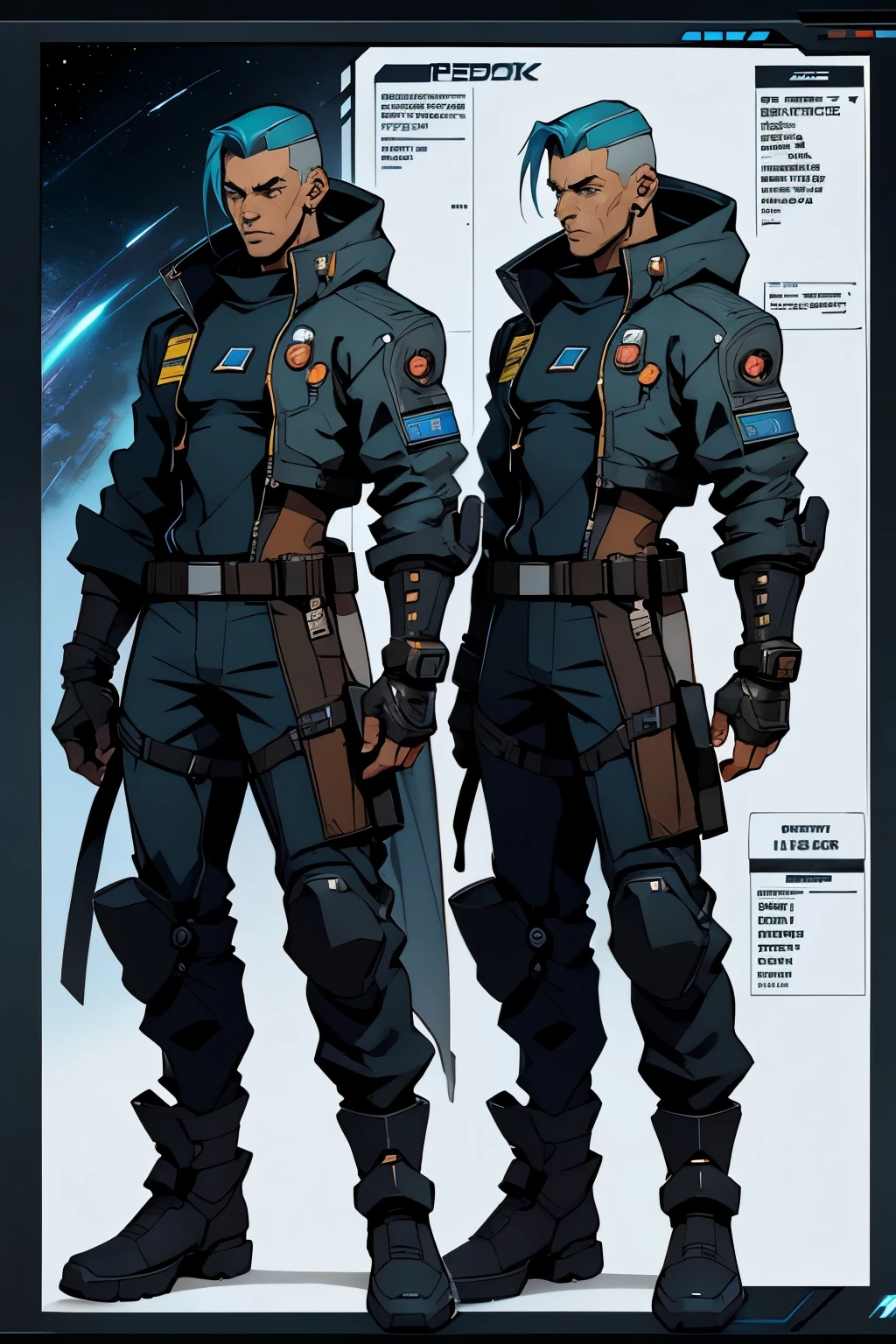 Cyberpunk male character sheet for a space video game with menu on the left side, show character art, no upper piece of clothing, sheet containing information menu, information windows , On a star field background