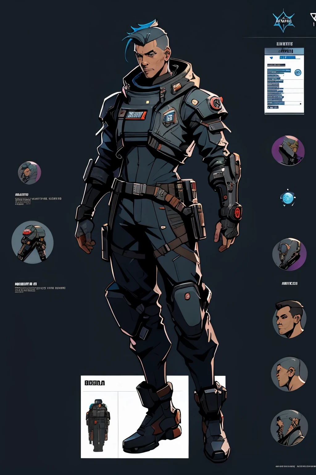 Cyberpunk male character sheet for a space video game with menu on the left side, show character art, no upper piece of clothing, sheet containing information menu, information windows , On a star field background