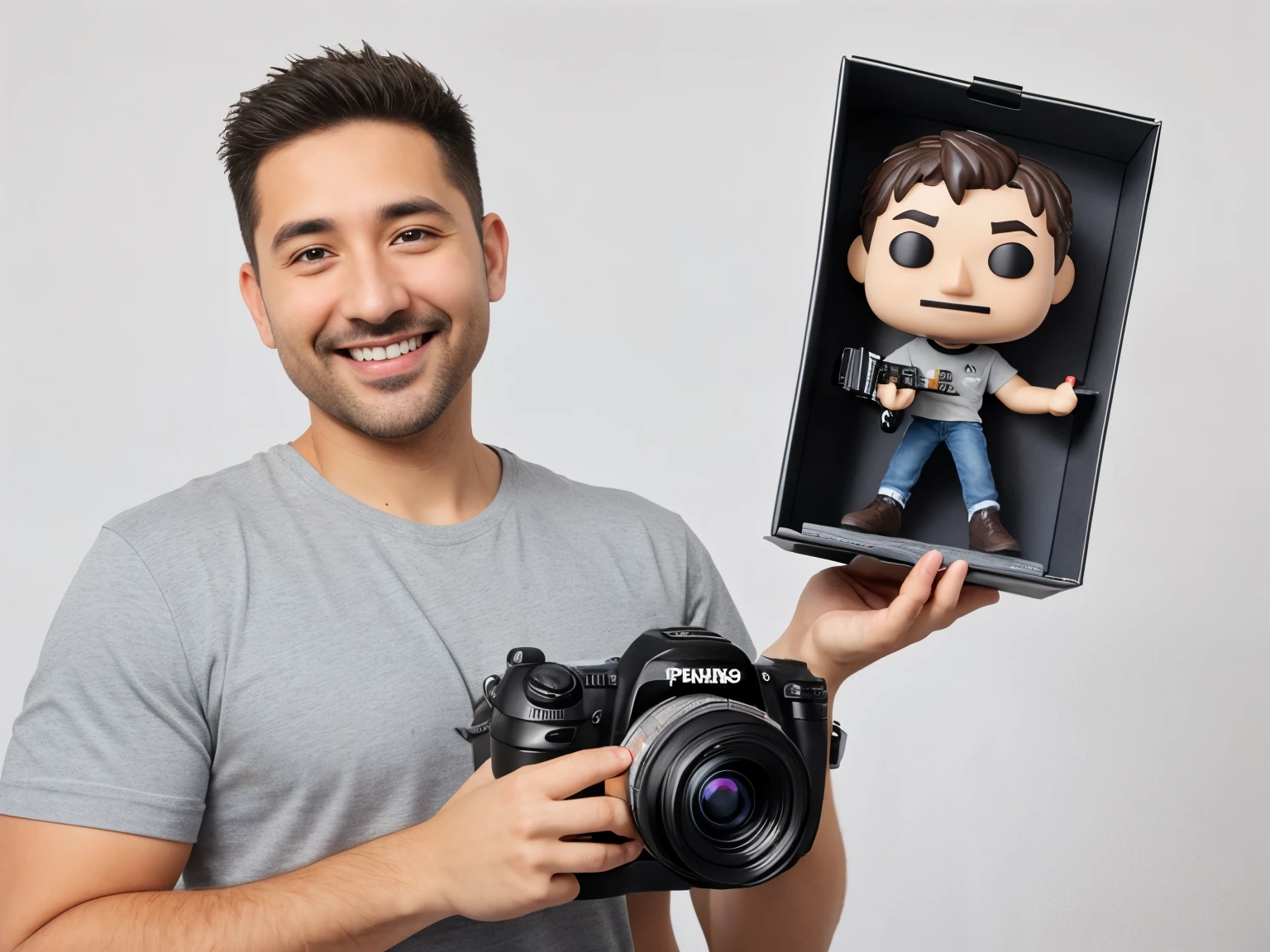 Photorealistic picture a 40 year old with stubble, short spikey hair, smiling, wearing a grey t-shirt, holding a funko pop box in his left had, and a dslr camera in the right hand, plain white background