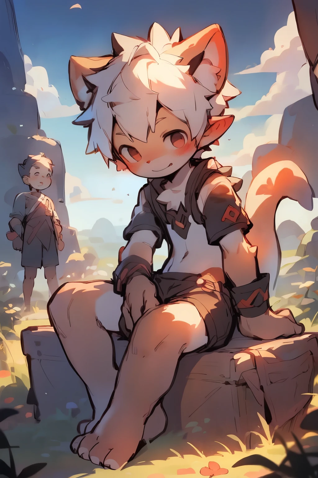 A little boy in a beautiful and enchanting landscape，Lying in a wheat field, Popular topics on artstation pixiv, Gurwitz-style artwork, very handsome， Gurwitz, guweiz on artstation pixiv, Young male beast too human cat，red scales，white hair，Full body image，Aerial View，Recumbent position，male，juvenile，((horny boy))，，((author：Puinki,artist:1.2),(author：Unreal Land,author：Kuroi Junmi,author：milkytiger1145,author：Morkey,(author：Xia Huaiting:0.8),(by Pino Deheni:0.8)，Slender limbs，slender legs，thin legs，Orc Shota，Slender legs，juvenile兽人的thin legs