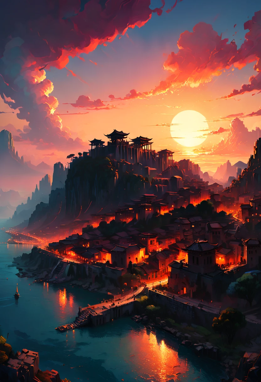 Ancient City, Sunset, by Naoki Urasawa, best quality, masterpiece, 8k