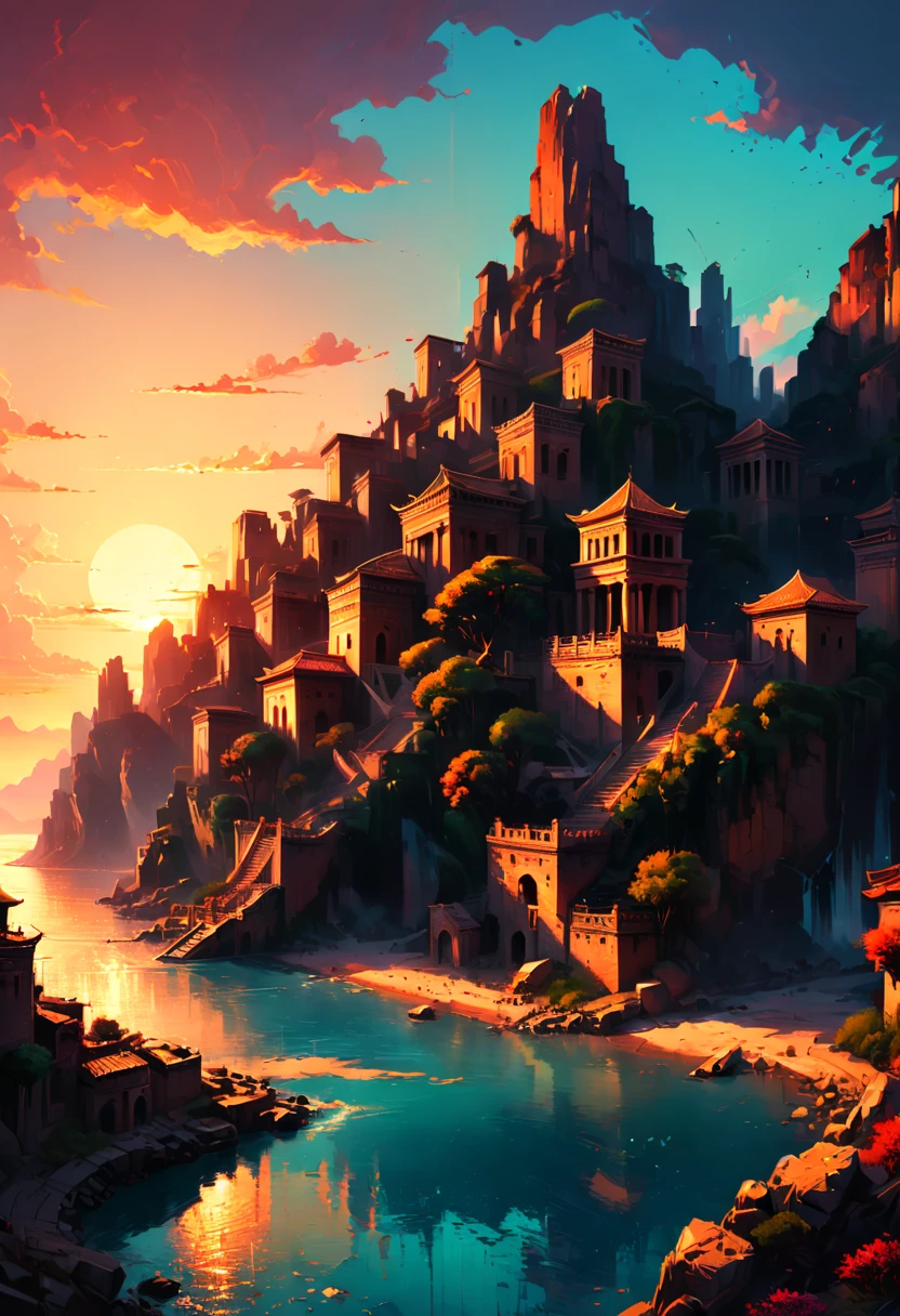 Ancient City, Sunset, by Naoki Urasawa, best quality, masterpiece, 8k