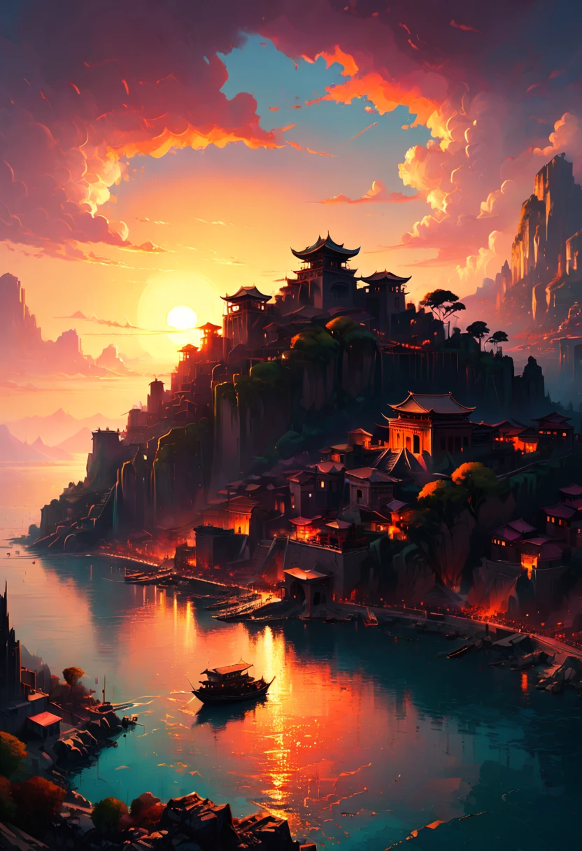 Ancient City, Sunset, by Naoki Urasawa, best quality, masterpiece, 8k