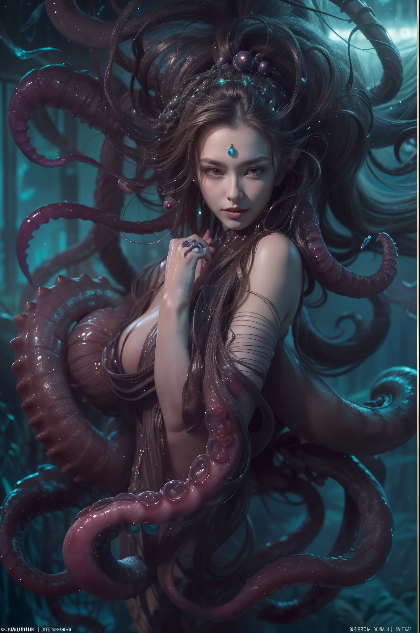 (1 beautiful and obscene female alien in the water of the deep sea:1.4), (There is a female genital-like organ in the middle of her forehead:1.95), She has medusa-like hair, (there are lots of translucent tentacles from her head like her hair:1.5), (vulgarity1.7), (she is looking down at viewers with glowing red eyes with no pupils:1.6), (She has translucent pale skin:1.4),(She has the most beautiful face in the history of the universe:1.2), (She has multiple bioluminescent organs on the side of her tentacles:1.4), (Her body is covered with an iridescent exoskeleton:1.4), (She is showing her arm pits:1.6), an evil gaze that seduces, (looking down at viewers:1.4),(Vampire-like long canine teeth can be glimpsed through the gap between the cute lips:1.4) (bio luminescent:1.4), (Smile wickedly:1.3), (sexypose:1.4), alien, No humans, cells are fused, extraterrestrial, cell, bio image, ultra high resolution, (photos realistic:1.7), (Numerous award-winning masterpieces, with incredible detail, textures and maximum detail), Dramatic Lighting, cinematic quality, (exquisite details:1.2), High freshness, drawing faithfully, (Thick eyebrows:1.2), Beautiful eyes with fine symmetry,(Highly detailed face and eyes:1.2),(Super detailed skin quality feeling:1.4), perfect anatomy, (Beautiful toned body:1.5), (Moist skin:1.2), not wearing makeup, (dark circles:1.1), long canines, cinematic drawing of characters, cinematic quality, (exquisite details:1.2), high resolution, High freshness, drawing faithfully, official art, Unity 8K Wall paper, ultra detailed artistic photography, midnight aura, unreal engine 5, Ultra Sharp Focus, art by Amano Yoshitaka, ArtGerm, ultra realistic realism, dream-like, Creation of fantasy, dream Snail, (biopunk nautilus:1.3),Thrilling color schemes, seductively smiling, Amazing mutation, well-proportioned body, goddess of the deep sea, fractal, Geometric pattern, impossible figures, subtle emerald green accents, (expression of ecstasy:1.5)