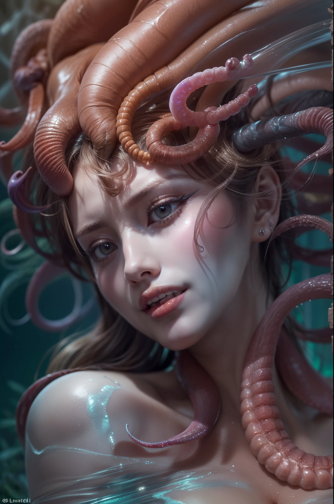 (1 beautiful and obscene female alien in the water of the deep sea:1.4), (There is a female genital-like organ in the middle of her forehead:1.95), She has medusa-like hair, (there are lots of translucent tentacles from her head like her hair:1.5), (vulgarity1.7), (she is looking down at viewers with glowing red eyes with no pupils:1.6), (She has translucent pale skin:1.4),(She has the most beautiful face in the history of the universe:1.2), (She has multiple bioluminescent organs on the side of her tentacles:1.4), (Her body is covered with an iridescent exoskeleton:1.4), (She is showing her arm pits:1.6), an evil gaze that seduces, (looking down at viewers:1.4),(Vampire-like long canine teeth can be glimpsed through the gap between the cute lips:1.4) (bio luminescent:1.4), (Smile wickedly:1.3), (sexypose:1.4), alien, No humans, cells are fused, extraterrestrial, cell, bio image, ultra high resolution, (photos realistic:1.7), (Numerous award-winning masterpieces, with incredible detail, textures and maximum detail), Dramatic Lighting, cinematic quality, (exquisite details:1.2), High freshness, drawing faithfully, (Thick eyebrows:1.2), Beautiful eyes with fine symmetry,(Highly detailed face and eyes:1.2),(Super detailed skin quality feeling:1.4), perfect anatomy, (Beautiful toned body:1.5), (Moist skin:1.2), not wearing makeup, (dark circles:1.1), long canines, cinematic drawing of characters, cinematic quality, (exquisite details:1.2), high resolution, High freshness, drawing faithfully, official art, Unity 8K Wall paper, ultra detailed artistic photography, midnight aura, unreal engine 5, Ultra Sharp Focus, art by Amano Yoshitaka, ArtGerm, ultra realistic realism, dream-like, Creation of fantasy, dream Snail, (biopunk nautilus:1.3),Thrilling color schemes, seductively smiling, Amazing mutation, well-proportioned body, goddess of the deep sea, fractal, Geometric pattern, impossible figures, subtle emerald green accents, (expression of ecstasy:1.5)
