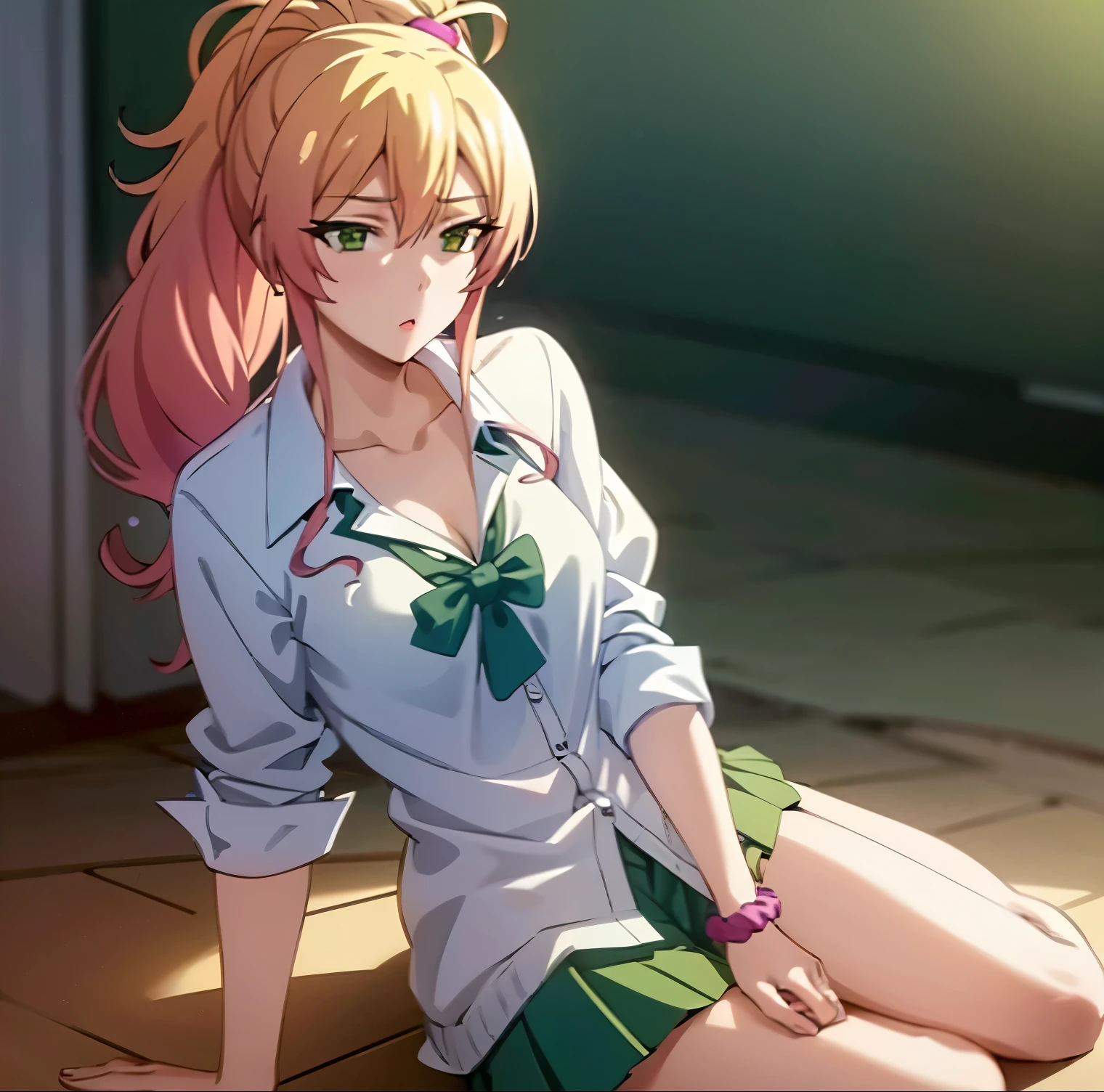 1girl, alone,yukana yame, long hair, bangs, blonde hair, hair between eyes, (green eyes:1.5), ponytail, multicolored hair, scrunchie, high ponytail, lipstick, gyaru, kogal, makeup, skirt, shirt, jewelry, school uniform, collarbone, white shirt, pleated skirt, collared shirt, miniskirt, bracelet, green skirt, looking at viewer, full body, indoors, classroom, (masterpiece:1.2), best quality, high resolution, unity 8k wallpaper, (illustration:0.8), (beautiful detailed eyes:1.6), extremely detailed face, perfect lighting, extremely detailed CG, (perfect hands, perfect anatomy),pechos grandes, cintura mediana, caderas anchas, muslos medianos,escote