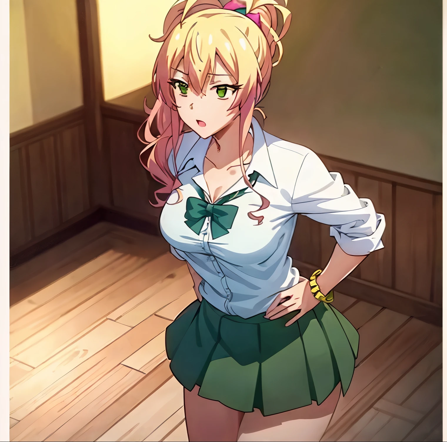 1girl, alone,yukana yame, long hair, bangs, blonde hair, hair between eyes, (green eyes:1.5), ponytail, multicolored hair, scrunchie, high ponytail, lipstick, gyaru, kogal, makeup, skirt, shirt, jewelry, school uniform, collarbone, white shirt, pleated skirt, collared shirt, miniskirt, bracelet, green skirt, looking at viewer, full body, indoors, classroom, (masterpiece:1.2), best quality, high resolution, unity 8k wallpaper, (illustration:0.8), (beautiful detailed eyes:1.6), extremely detailed face, perfect lighting, extremely detailed CG, (perfect hands, perfect anatomy),pechos grandes, cintura mediana, caderas anchas, muslos medianos,escote