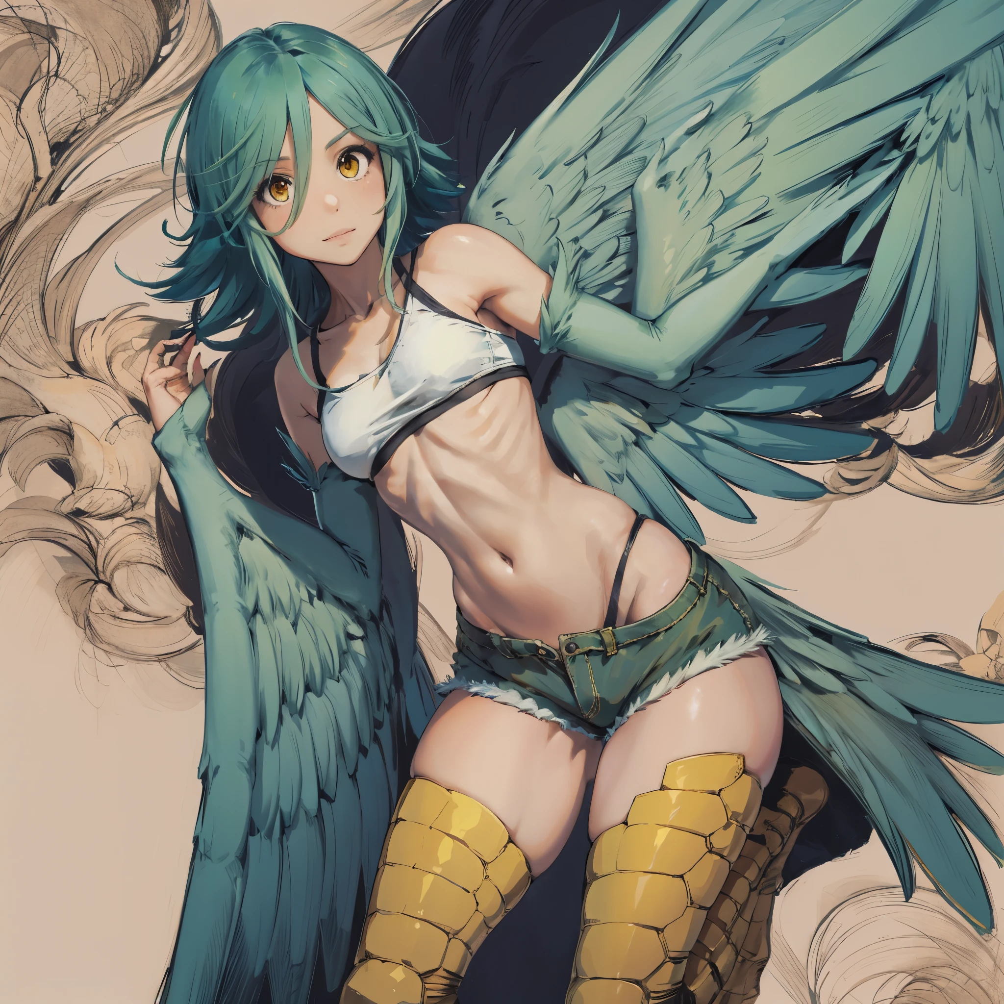 1 female, solo female, harpy, emerald green wings, beautiful wings, bird legs, sharp black talons, tan skin, tomboyish appearance, slim body, body height, shoulder length green hair, bright yellow eyes, masterpiece, excellent details,sports shorts, flying over a forest, happy expression on face