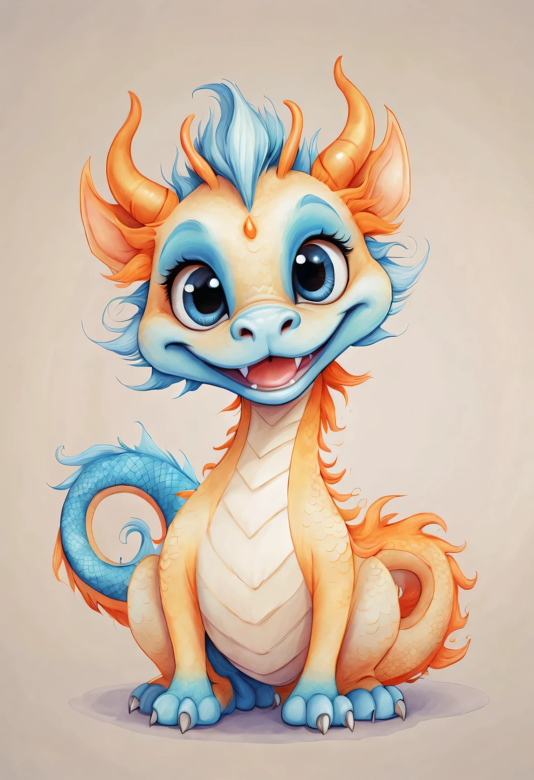 role conception, A cute Chinese dragon,Has orange fur and big blue eyes, Squint your eyes and smile mischievously, Wearing a beige dress, Coolbike marker drawing, flat color, Ballpoint pen outline, 4K, pastel colors