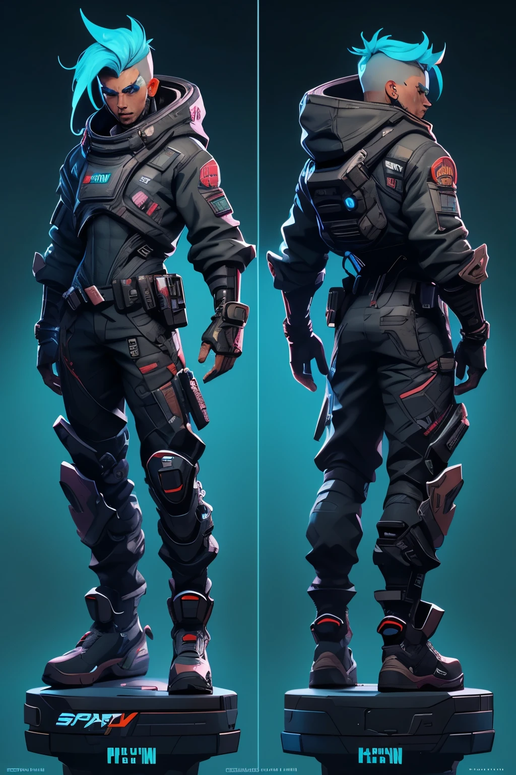 Cyberpunk male character sheet for a space video game with menu on the left side, show character art, no upper piece of clothing, sheet containing information menu, information windows , On a star field background