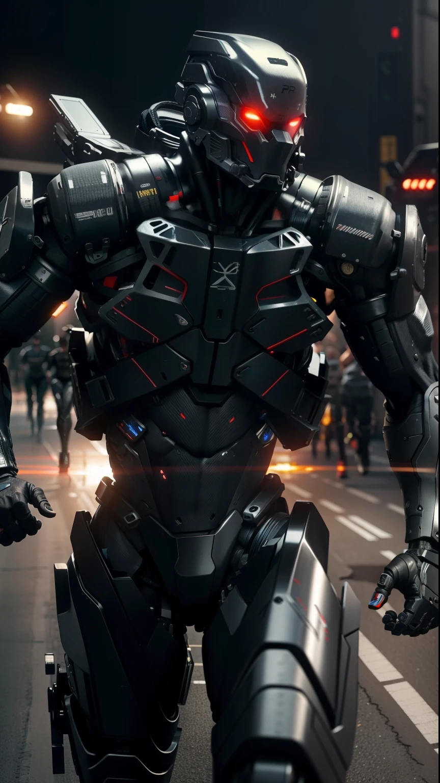 robot,anatomically perfect man, carbon fiber, tactical, black metal, wiring, glowing eyes, artificial muscle, exposed machinery, LED lights, running action, sprinting, side view, running to the side