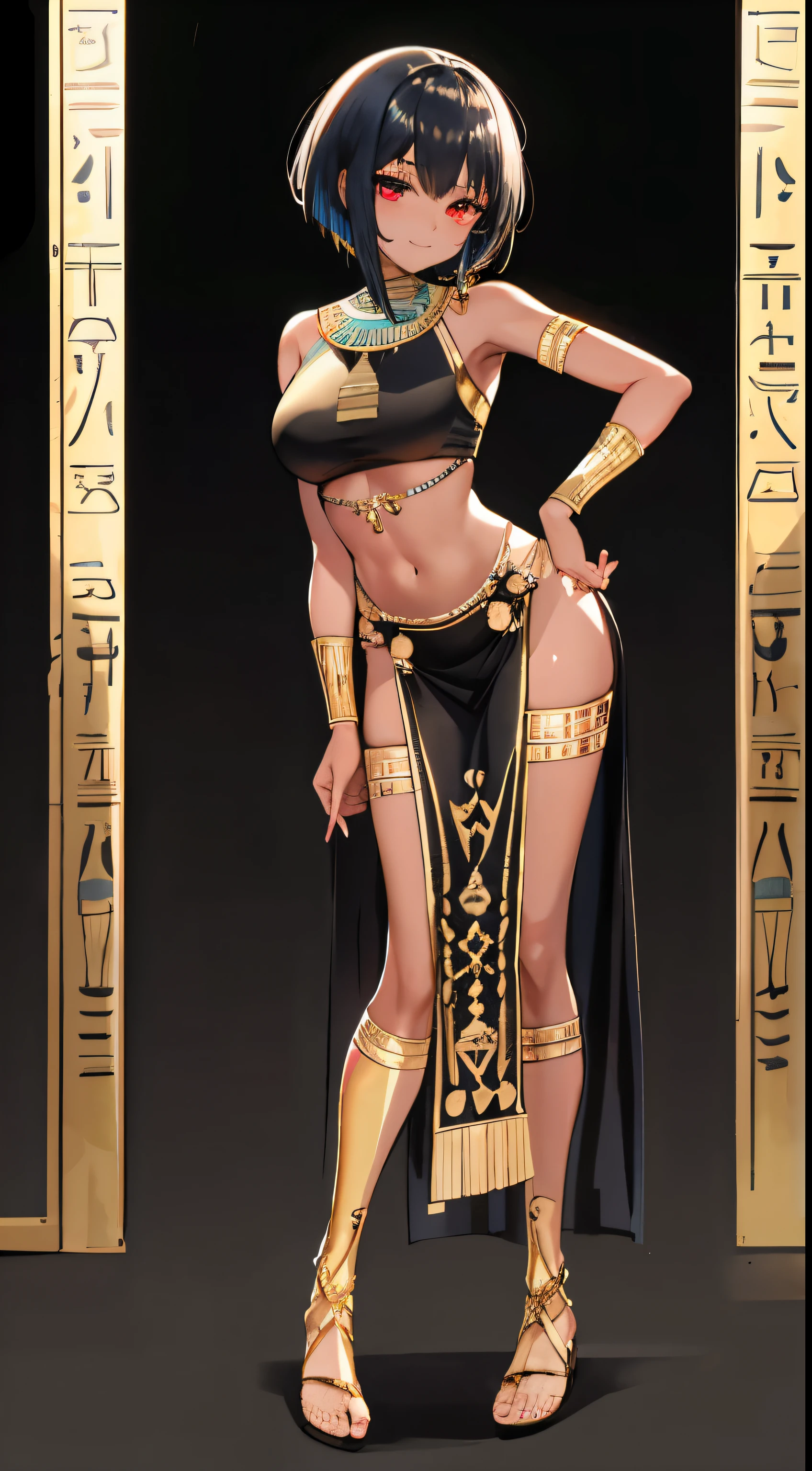 alone, smile, smile, from far away, The whole body from the toes to the head, stand up straight, gold egyptian boots, black skin,　big breasts，egyptian princess，, bright skin, big breasts，young，cocked ass，egyptian clothes装，have bangs, Egyptian style，Simple one-color background，ancient Egyptian，Black Girl，short hair with bangs,Sexy Wearing, egyptian clothes装，simple background, 黒人のyoungの女の子, egyptian clothes, barefoot,Cute gradation with round red eyes, young, The whole body from the toes to the headを撮影,stand up straight, Gorgeous clothes, alone