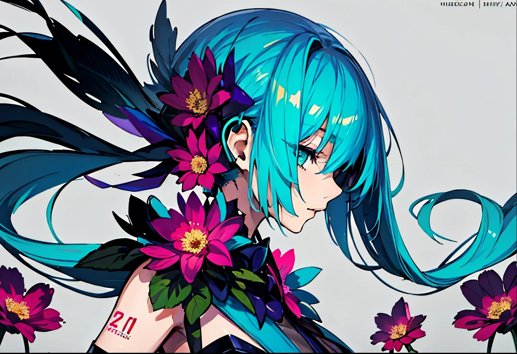 anime girl with flowers in her hair and a gray background, zerochan art, digital art on pixiv, zerochan, anime art wallpaper 4k, anime art wallpaper 4k, pixiv, trending on artstation pixiv, 2d art cover, hatsune miku, cyan colored hair, hatsune miku headphone with flower accent, heads looking right side, eyes on camera