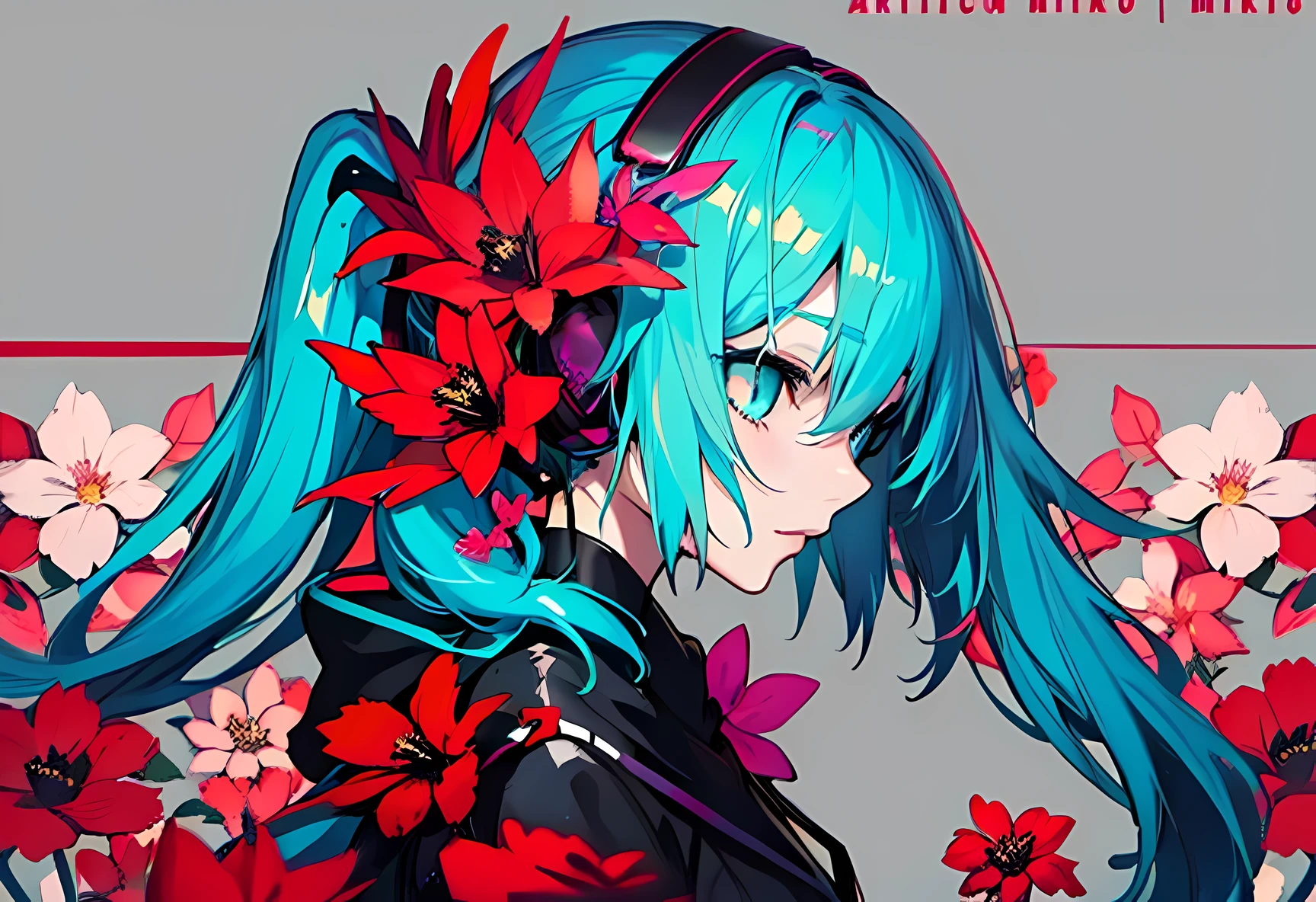 anime girl with flowers in her hair and a gray background, zerochan art, digital art on pixiv, zerochan, anime art wallpaper 4k, anime art wallpaper 4k, pixiv, trending on artstation pixiv, 2d art cover, hatsune miku, cyan colored hair, hatsune miku headphone with flower accent, heads looking right side, eyes on camera