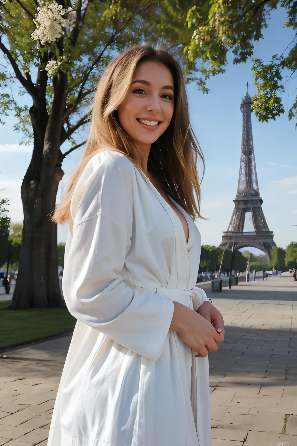 photo realistic, realistic background, Real Photo, best quality, Photo pour Instagram, Nicole Aniston, Sophie Mudd, Blonde, bien dressed, robe bleu, dressed, sourire, devant la tour eiffel