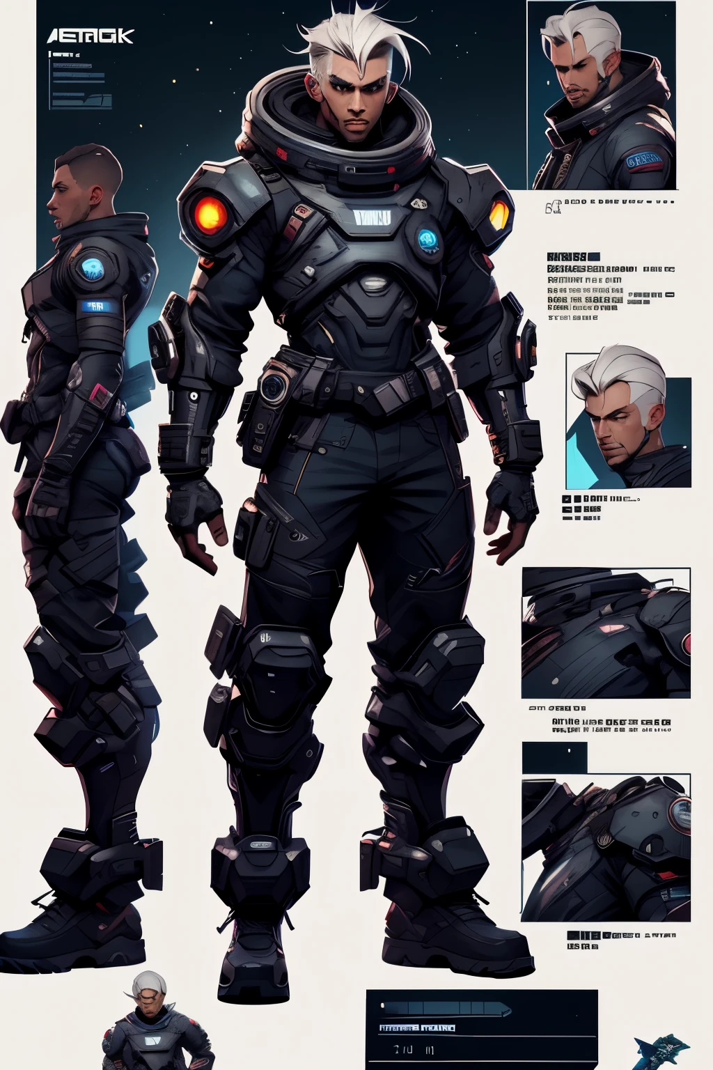 Cyberpunk male character sheet for a space video game with menu on the left side, show character art, no upper piece of clothing, sheet containing information menu, information windows , On a star field background